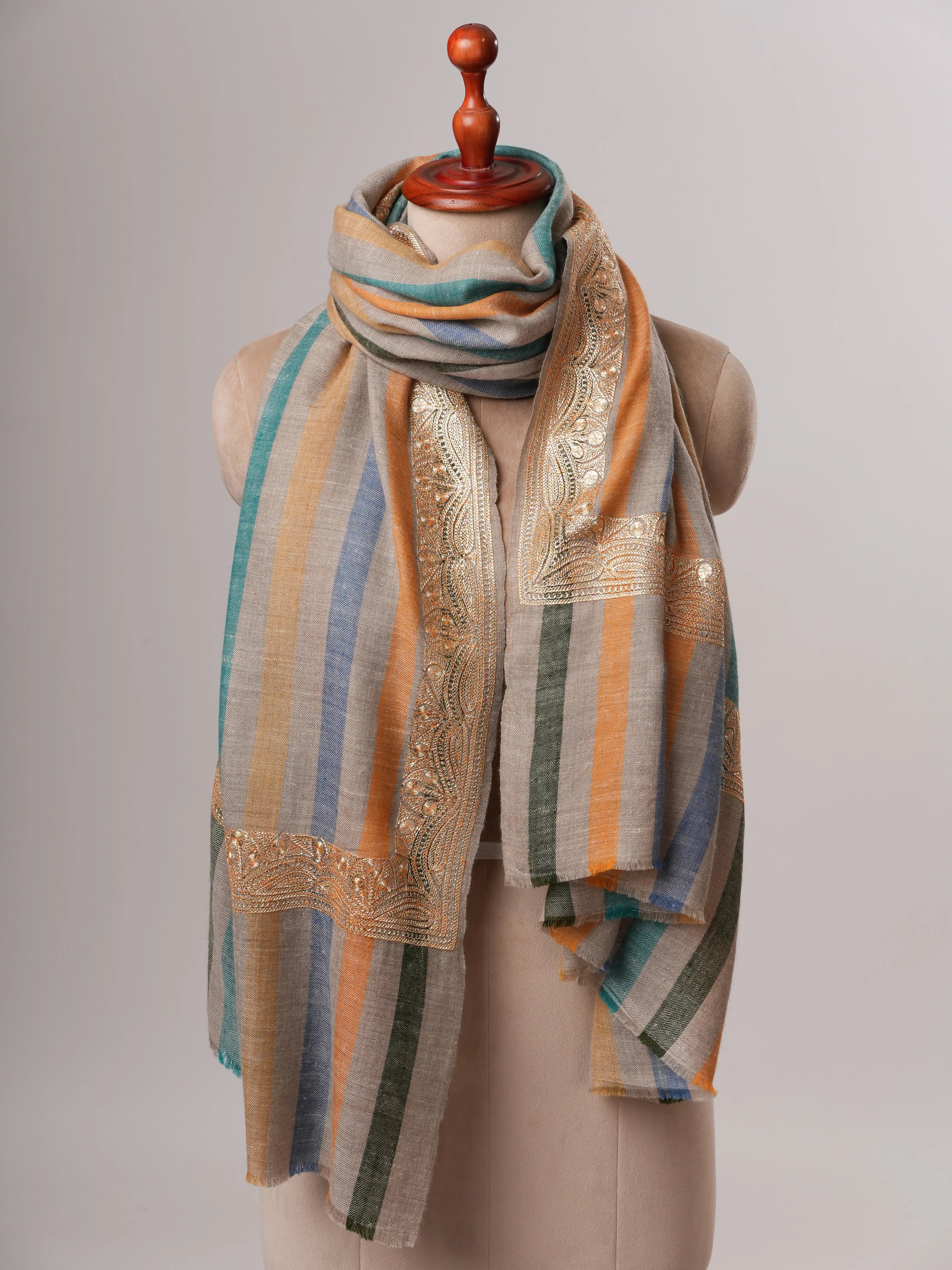 Stripe Pashmina Shawl with Gold Tilla Daurdar Embroidery Shahkaar