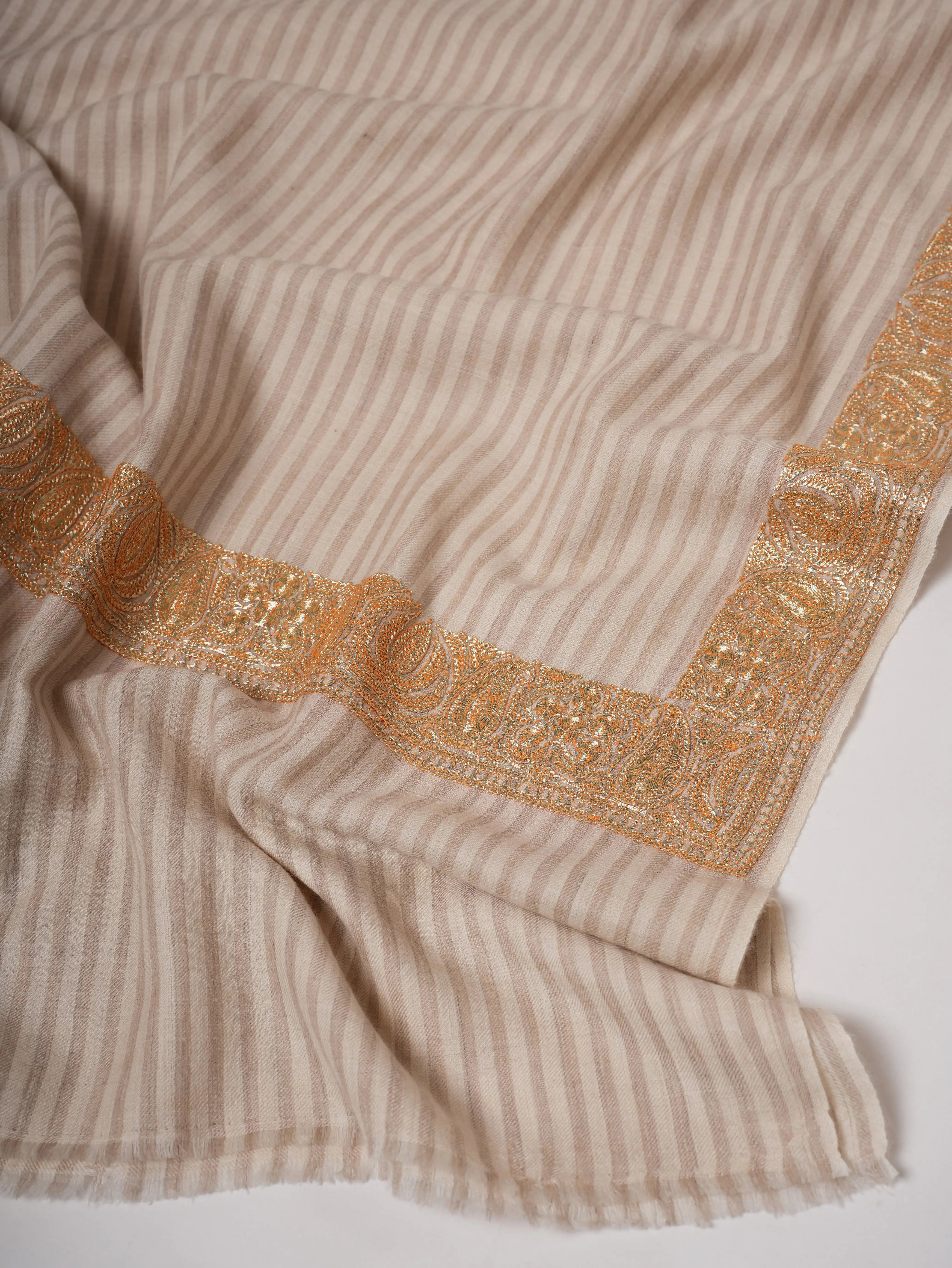Striped Pashmina Shawl with Hand Embroidered Tilla Work in Floral Paisley Motifs Shahkaar