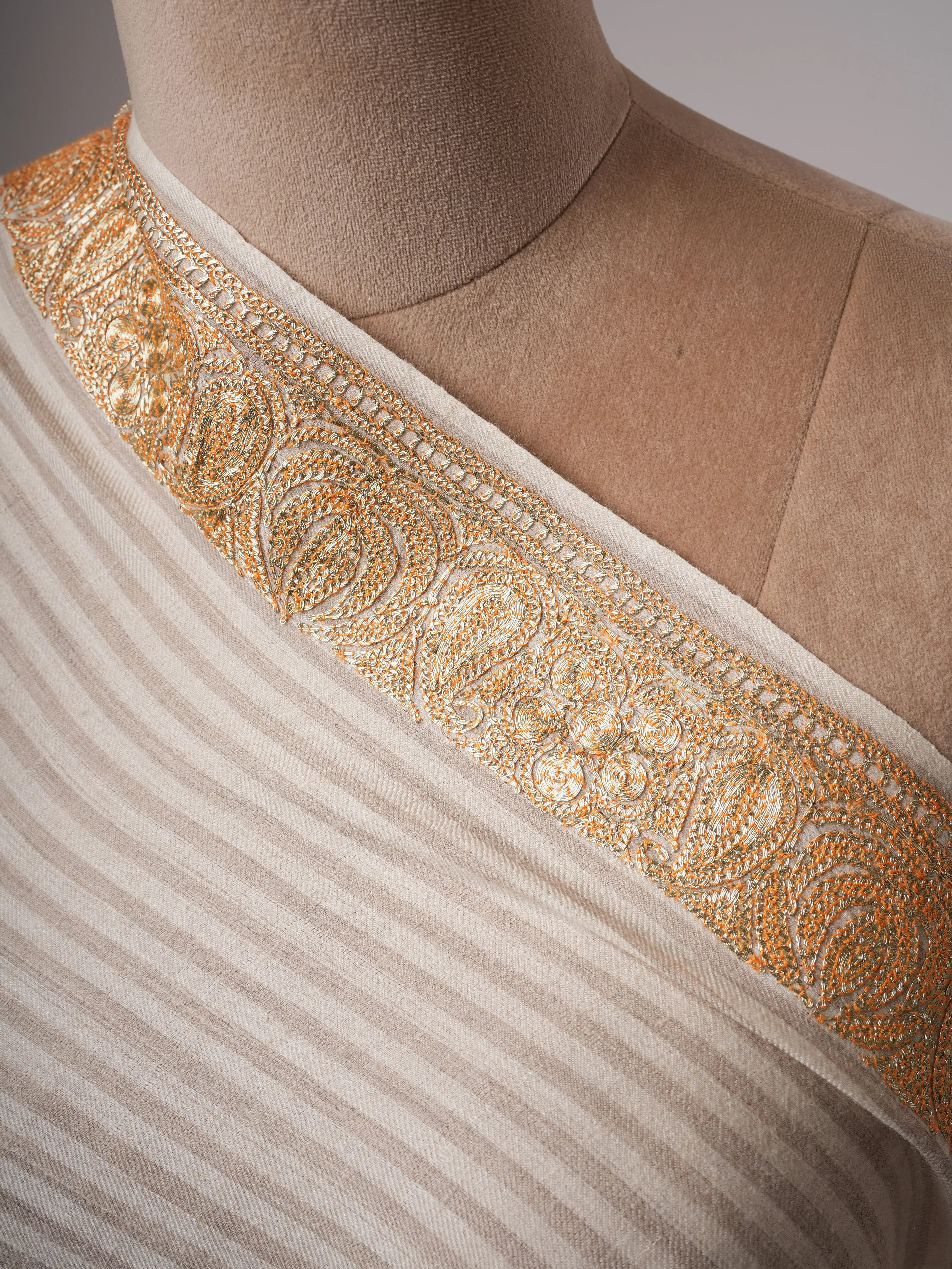 Striped Pashmina Shawl with Hand Embroidered Tilla Work in Floral Paisley Motifs Shahkaar