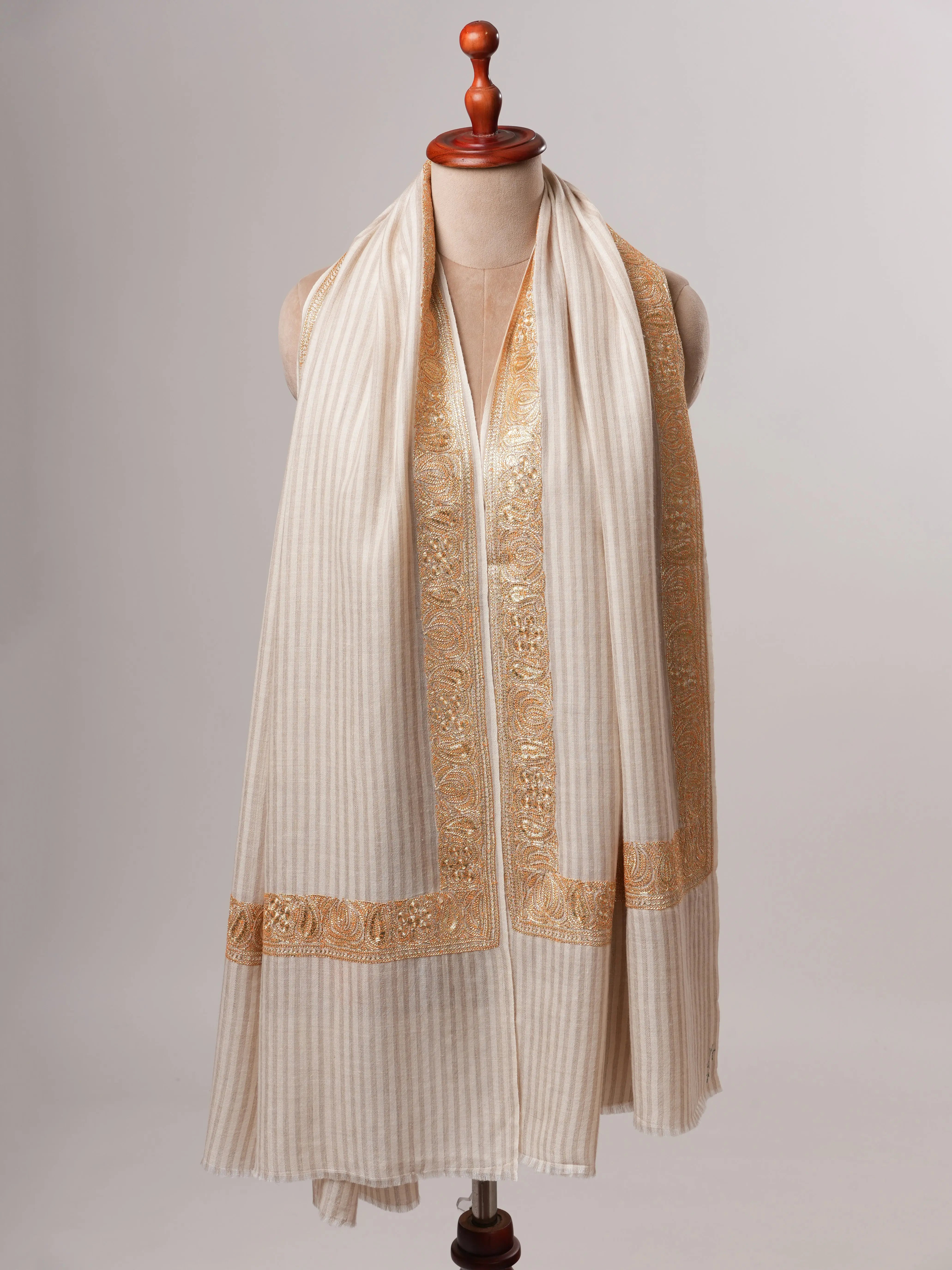 Striped Pashmina Shawl with Hand Embroidered Tilla Work in Floral Paisley Motifs Shahkaar