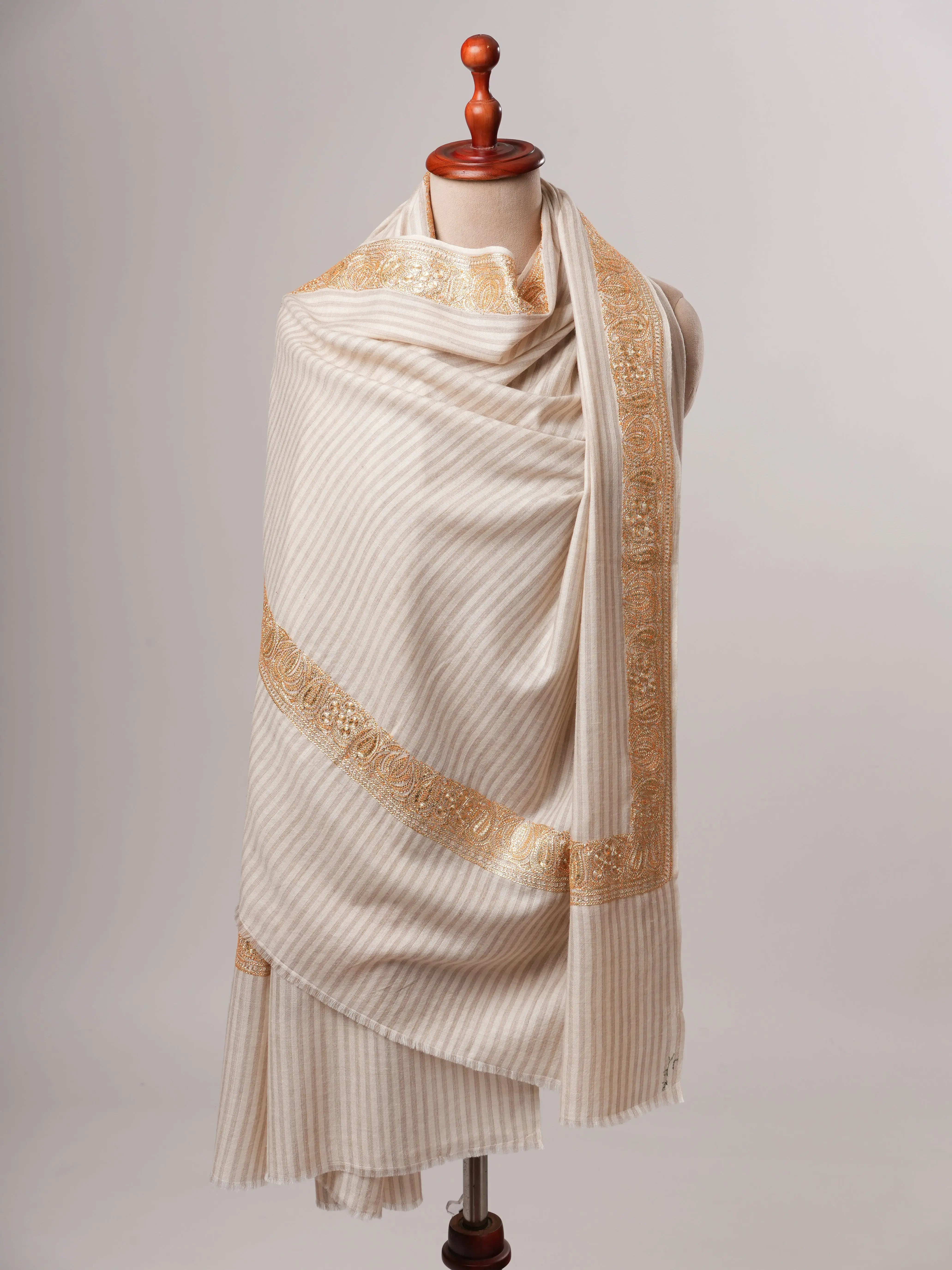 Striped Pashmina Shawl with Hand Embroidered Tilla Work in Floral Paisley Motifs Shahkaar
