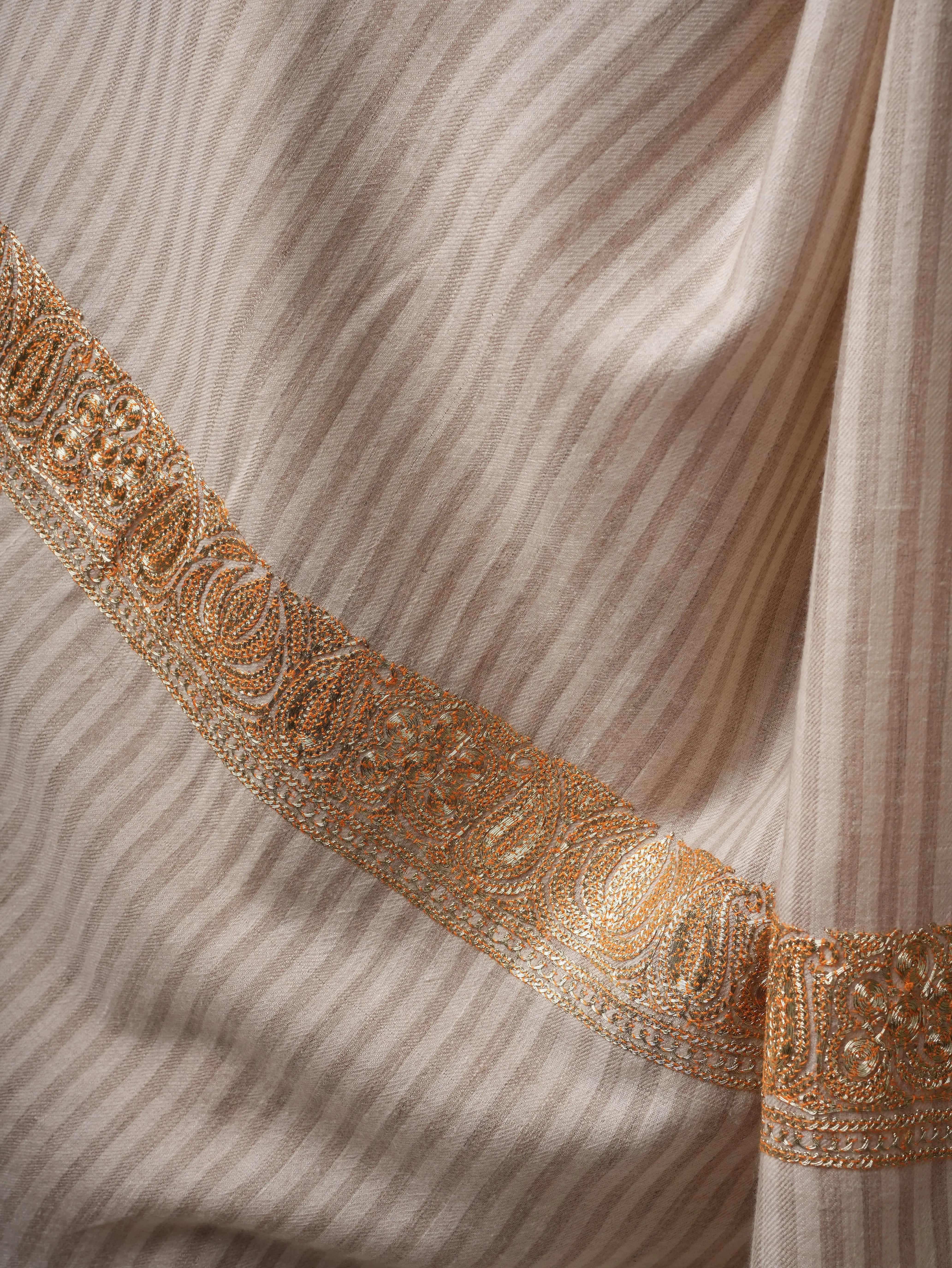 Striped Pashmina Shawl with Hand Embroidered Tilla Work in Floral Paisley Motifs Shahkaar