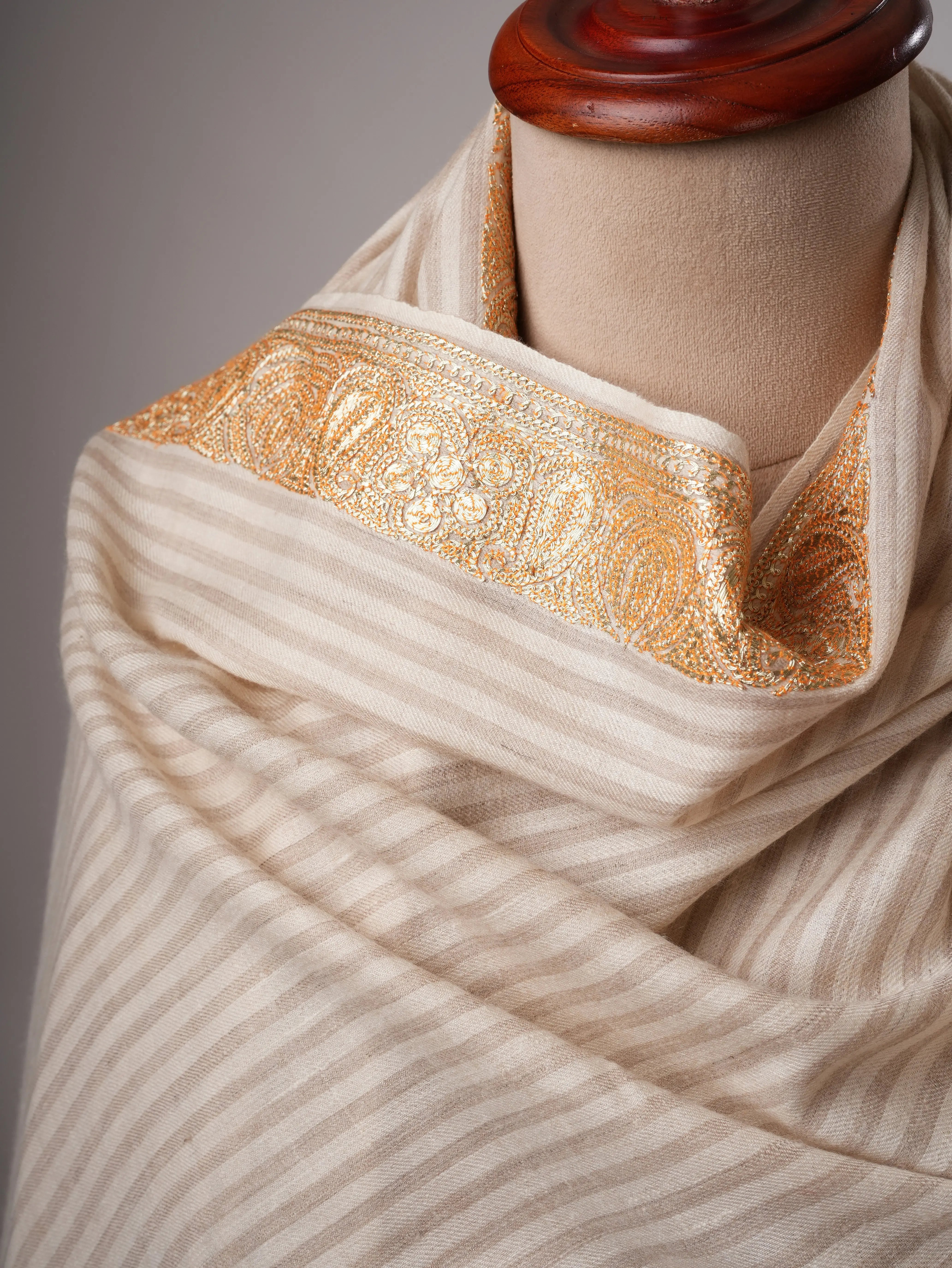Striped Pashmina Shawl with Hand Embroidered Tilla Work in Floral Paisley Motifs Shahkaar