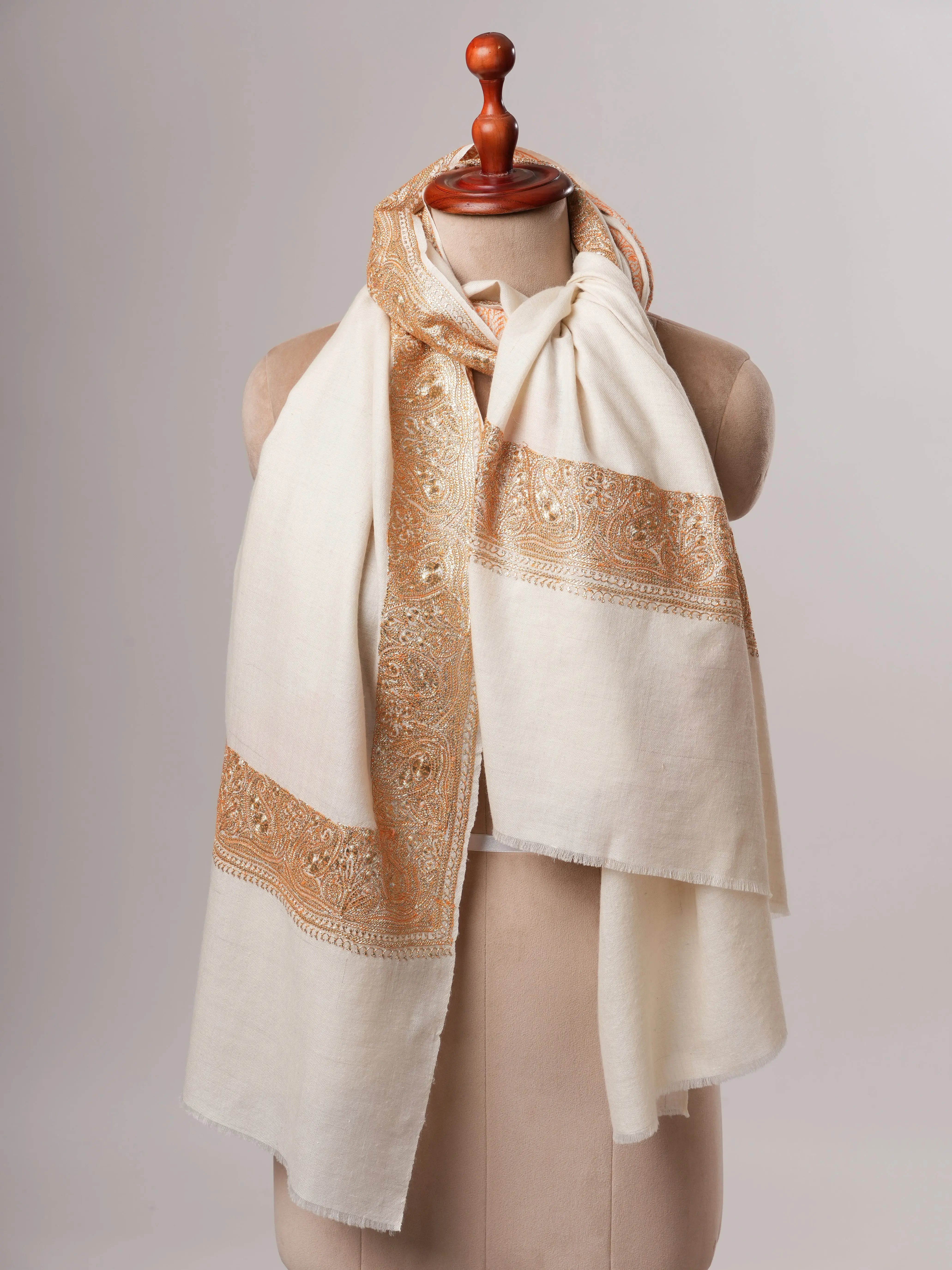 Natural Ivory Pashmina Shawl with Daurdar Gold Tilla Embroidery Shahkaar