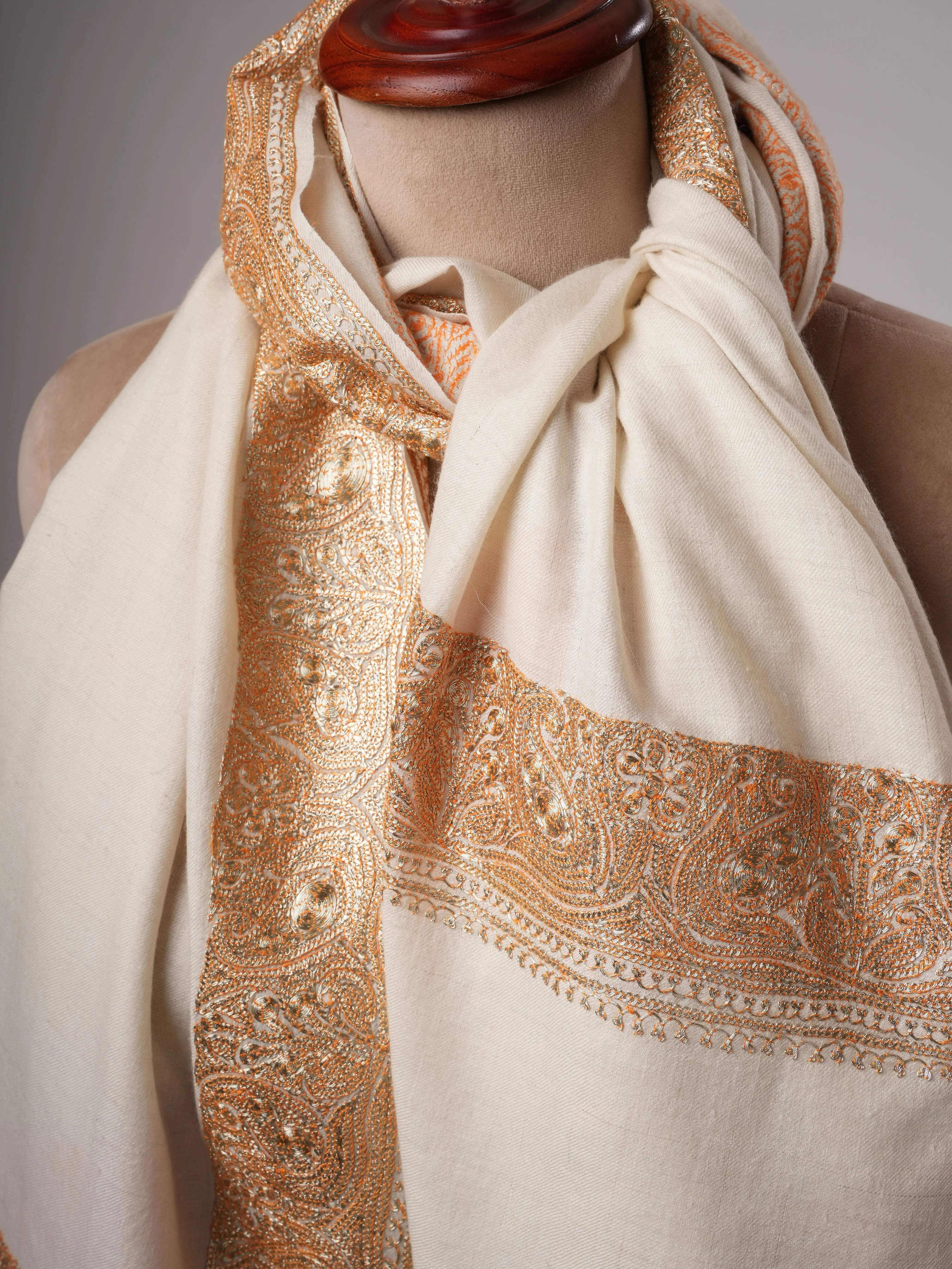Natural Ivory Pashmina Shawl with Daurdar Gold Tilla Embroidery Shahkaar