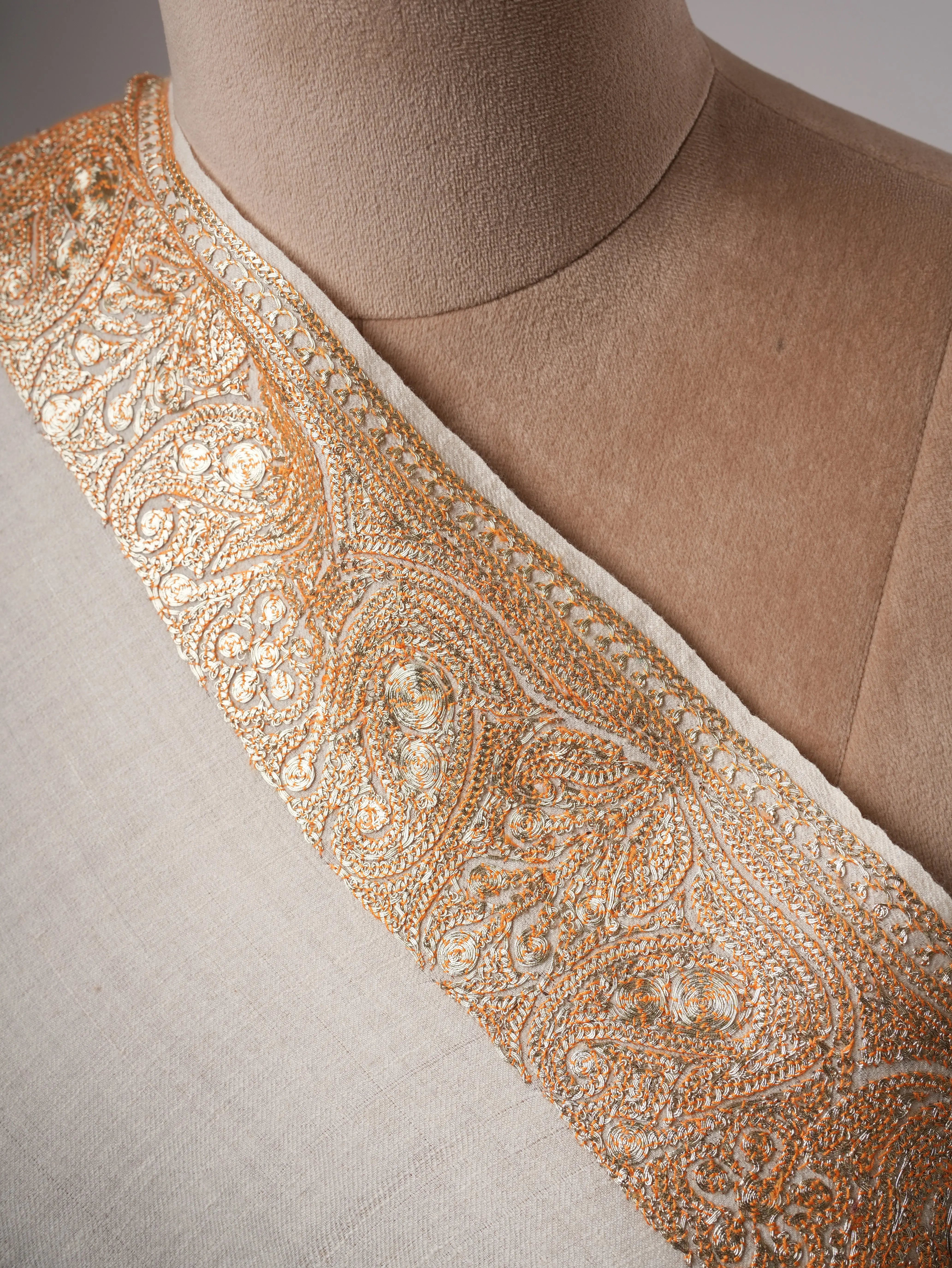 Natural Ivory Pashmina Shawl with Daurdar Gold Tilla Embroidery Shahkaar