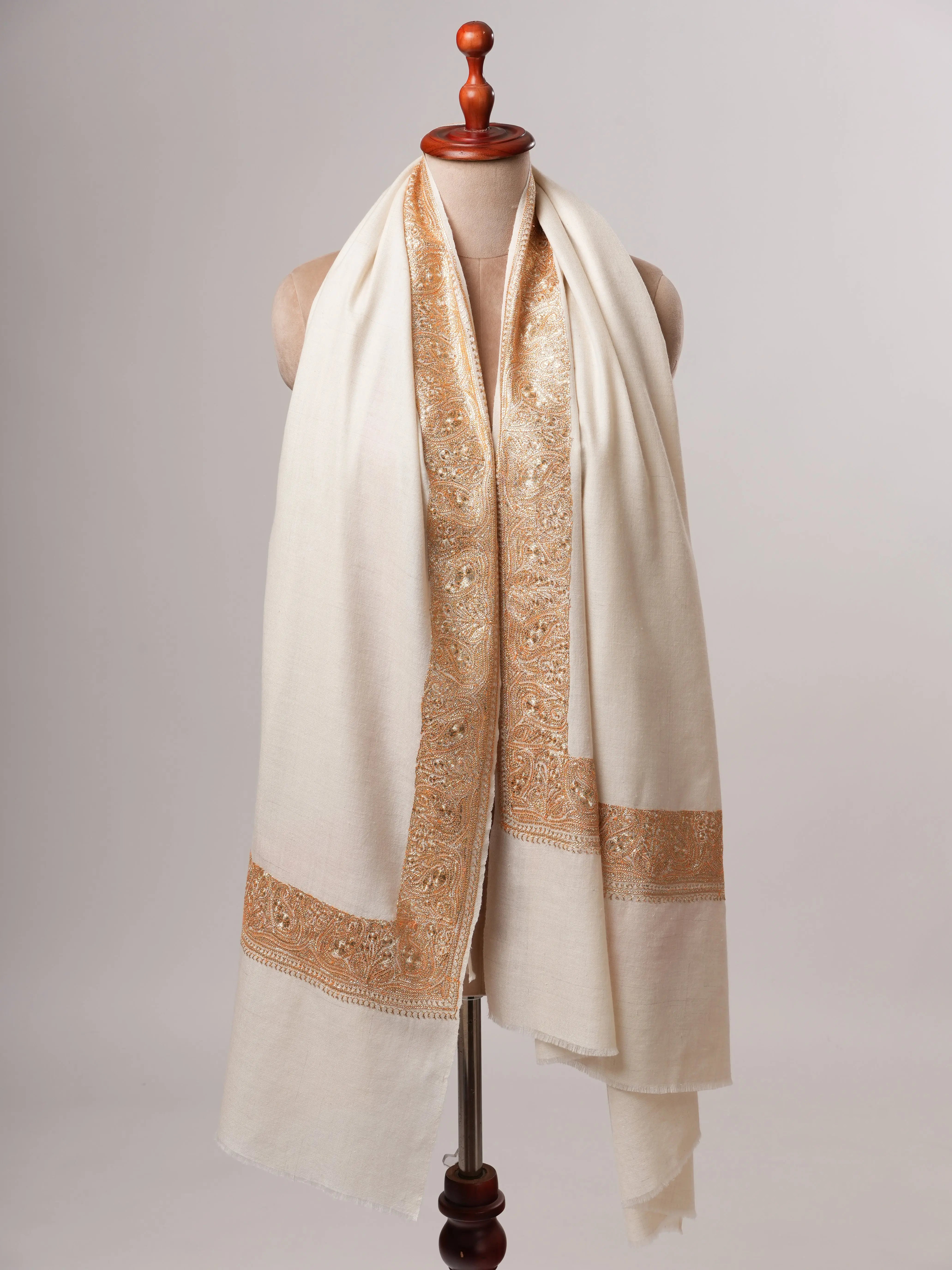 Natural Ivory Pashmina Shawl with Daurdar Gold Tilla Embroidery Shahkaar