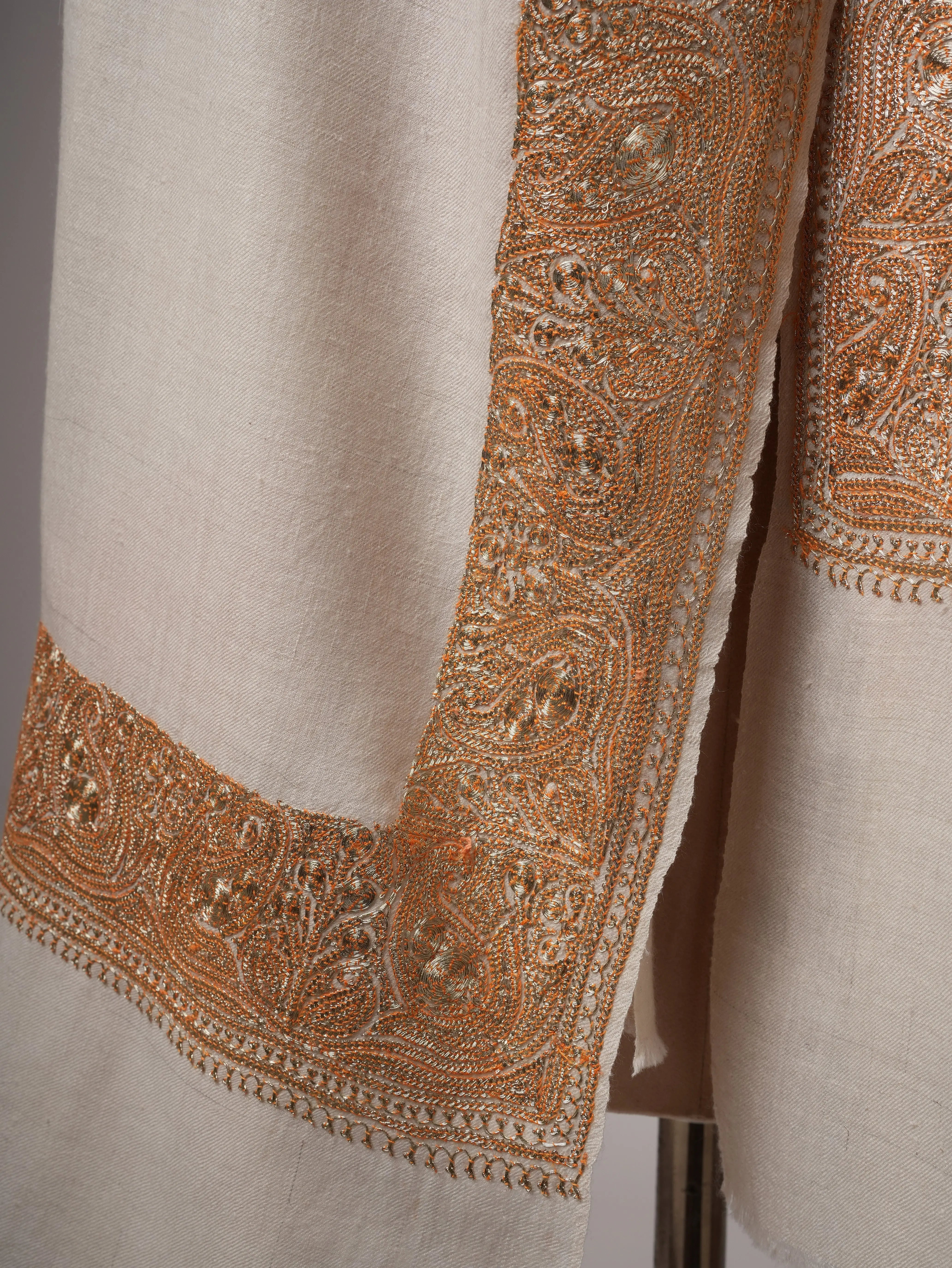 Natural Ivory Pashmina Shawl with Daurdar Gold Tilla Embroidery Shahkaar