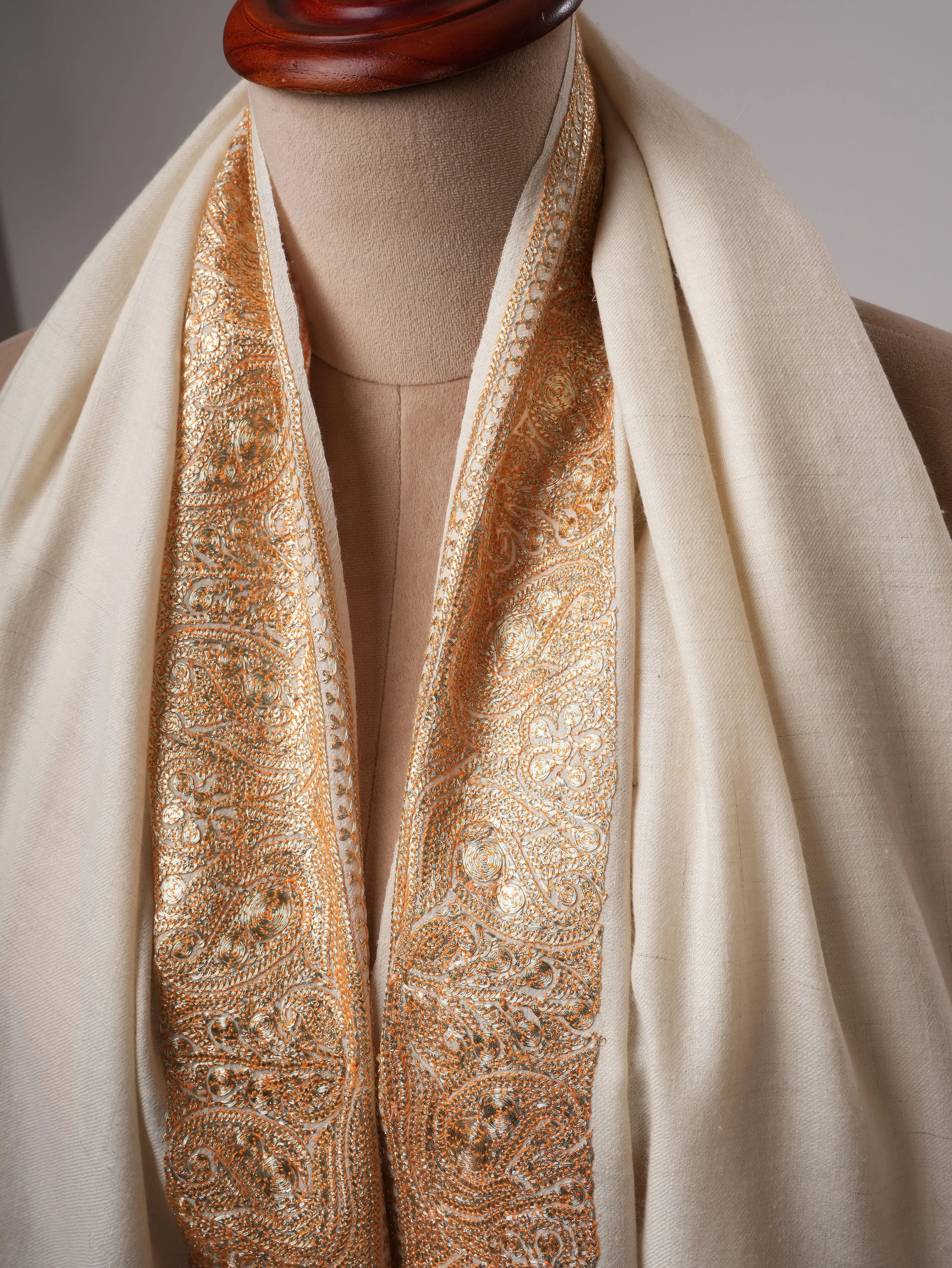 Natural Ivory Pashmina Shawl with Daurdar Gold Tilla Embroidery Shahkaar