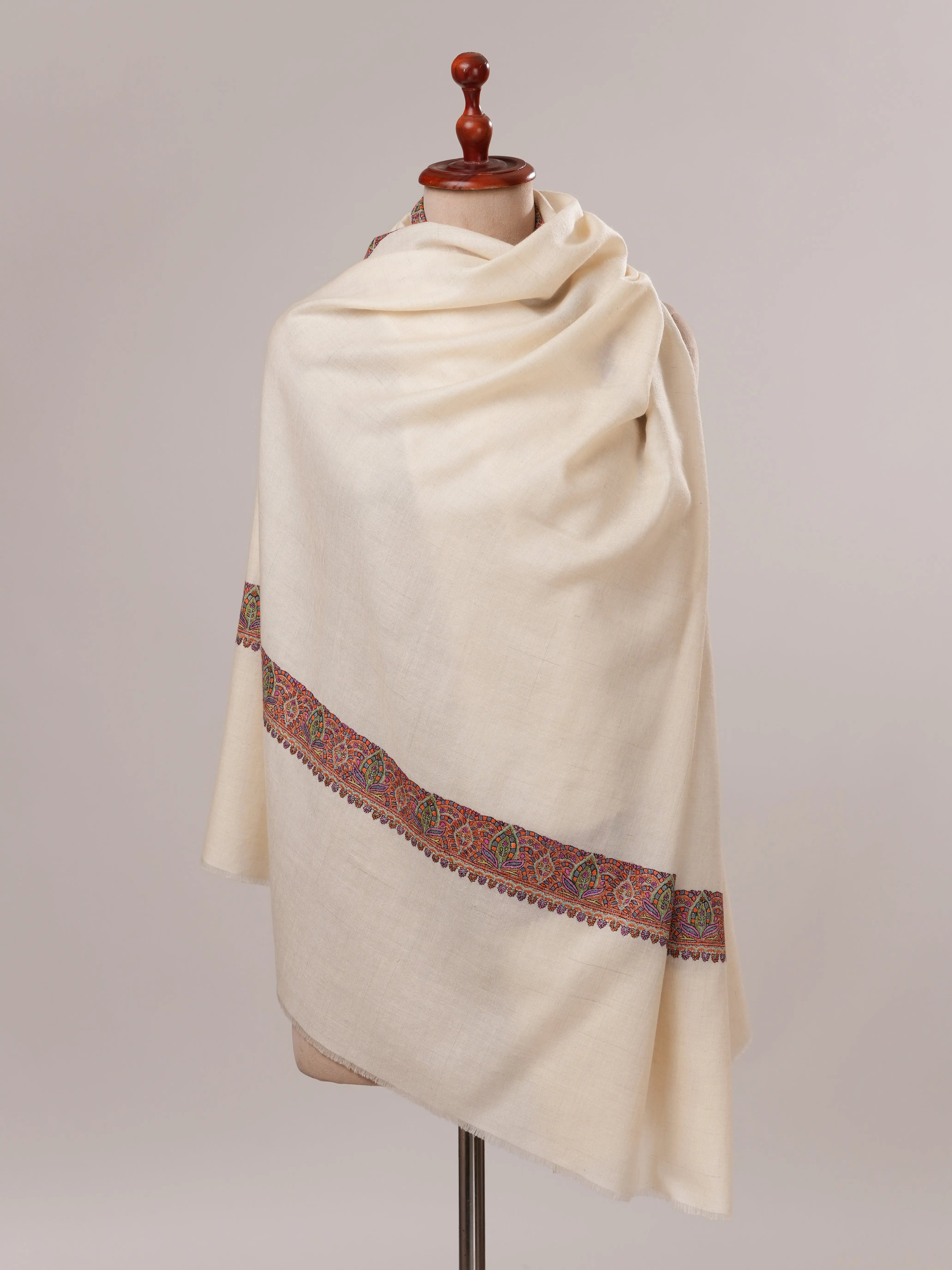Hand Embroidered Off White Neemdaur Pure Pashmina Shawl Shahkaar.com