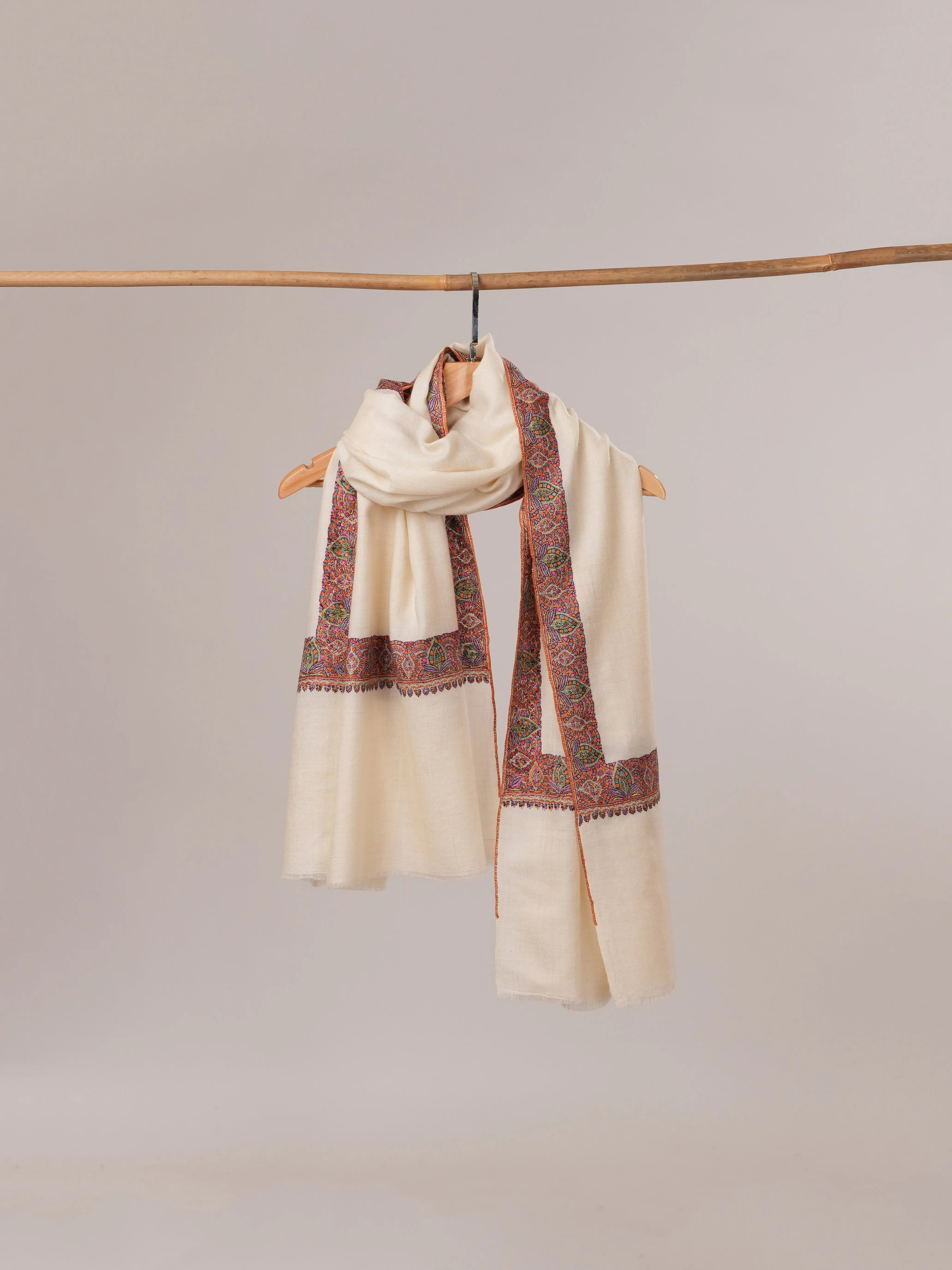 Hand Embroidered Off White Neemdaur Pure Pashmina Shawl Shahkaar.com
