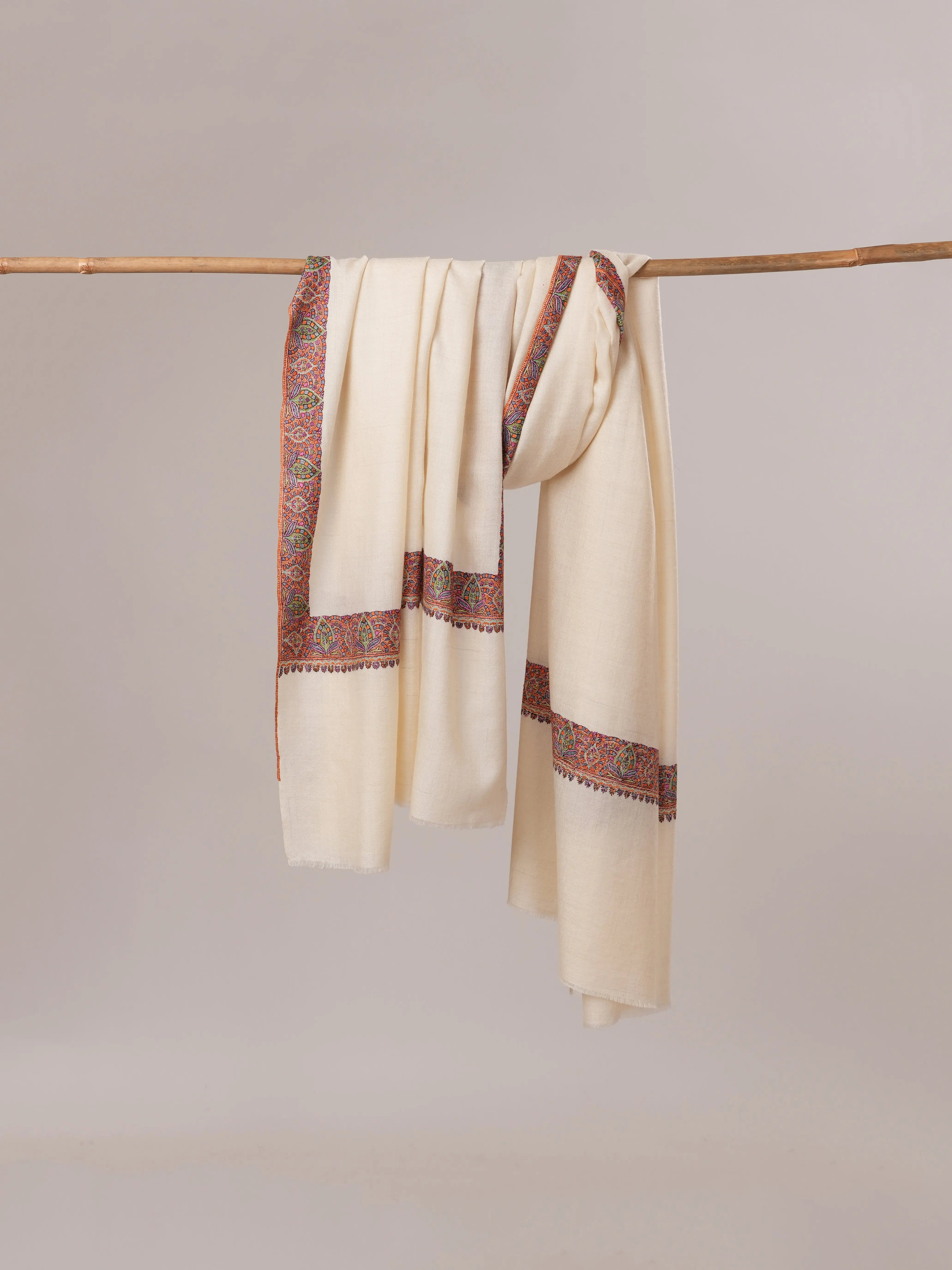 Hand Embroidered Off White Neemdaur Pure Pashmina Shawl Shahkaar.com