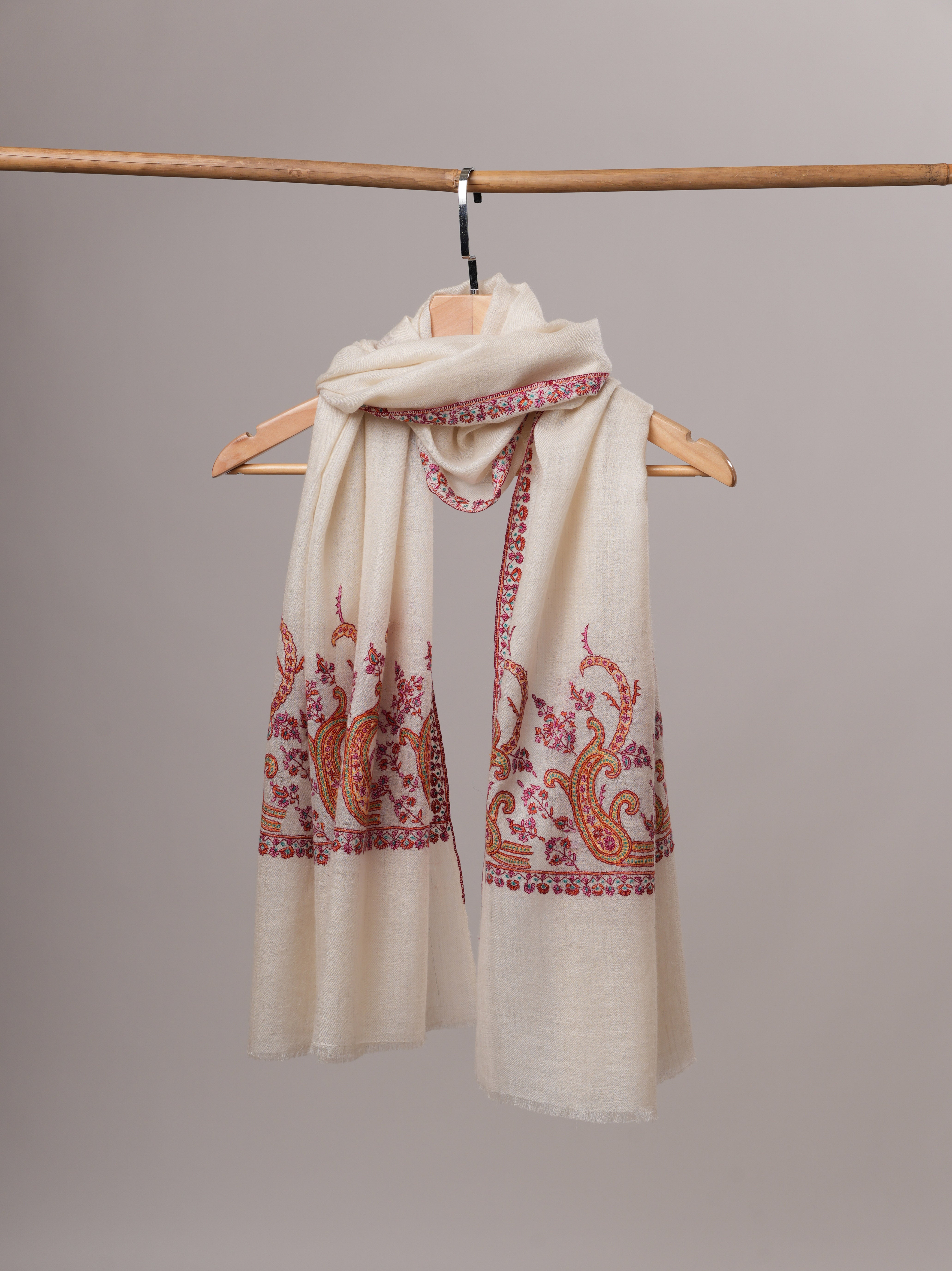 Contemporary Off White Cashmere Scarf with Palla Paisley Embroidery Shahkaar
