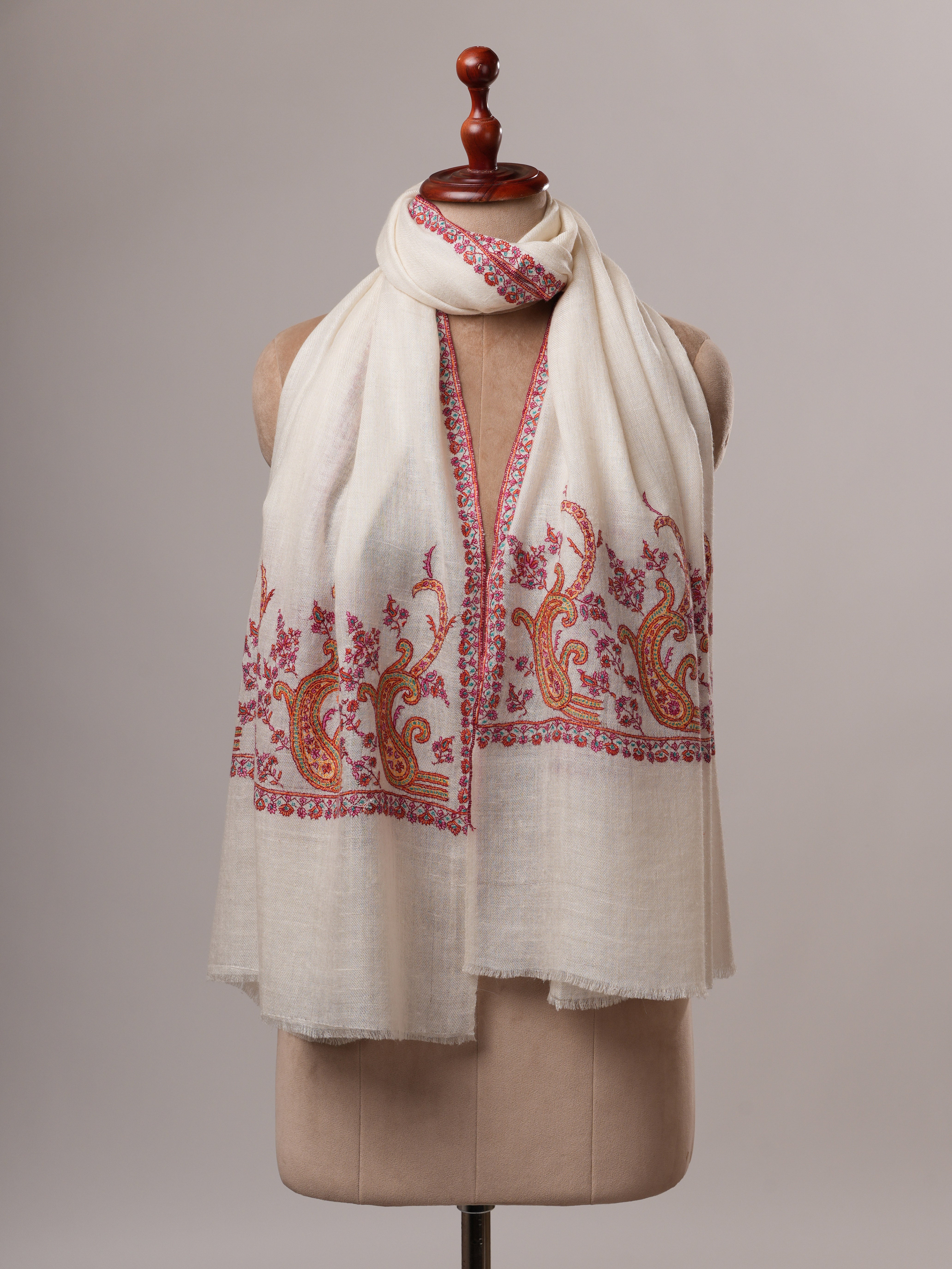 Contemporary Off White Cashmere Scarf with Palla Paisley Embroidery Shahkaar
