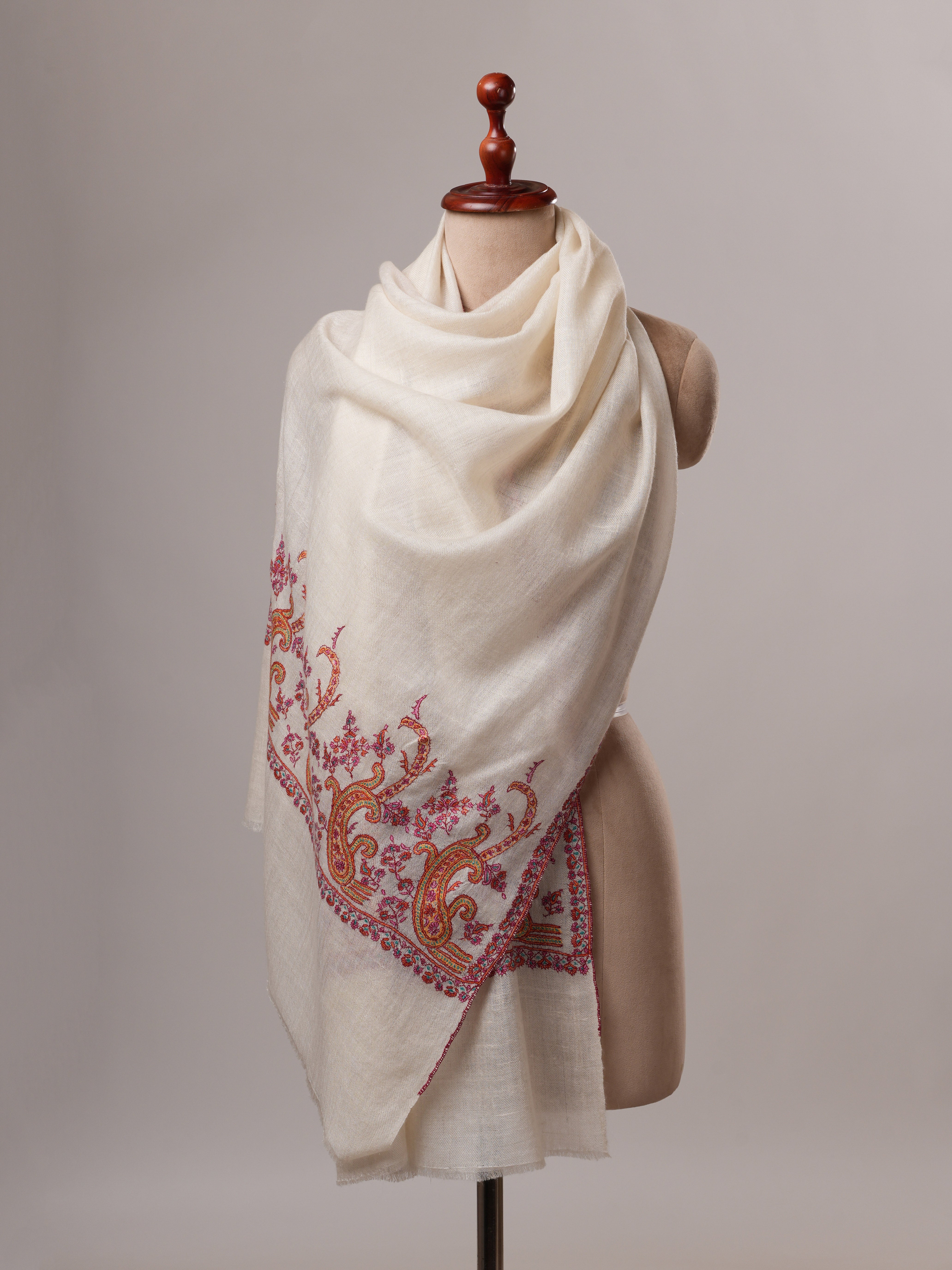 Contemporary Off White Cashmere Scarf with Palla Paisley Embroidery Shahkaar