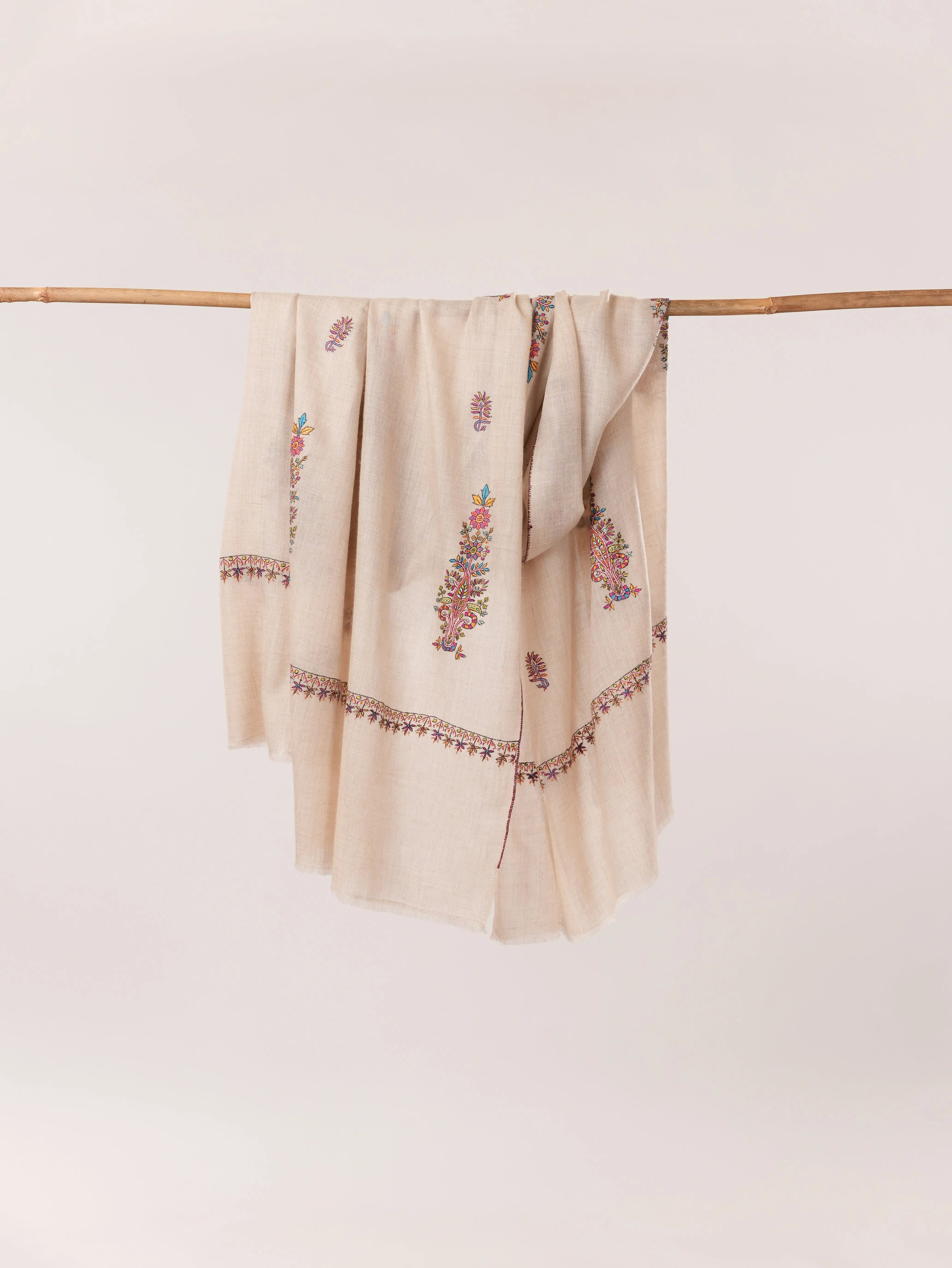 Natural Off White Handwoven Pashmina Shawl with Kashmiri Buteh Hand Embroidery Shahkaar.com