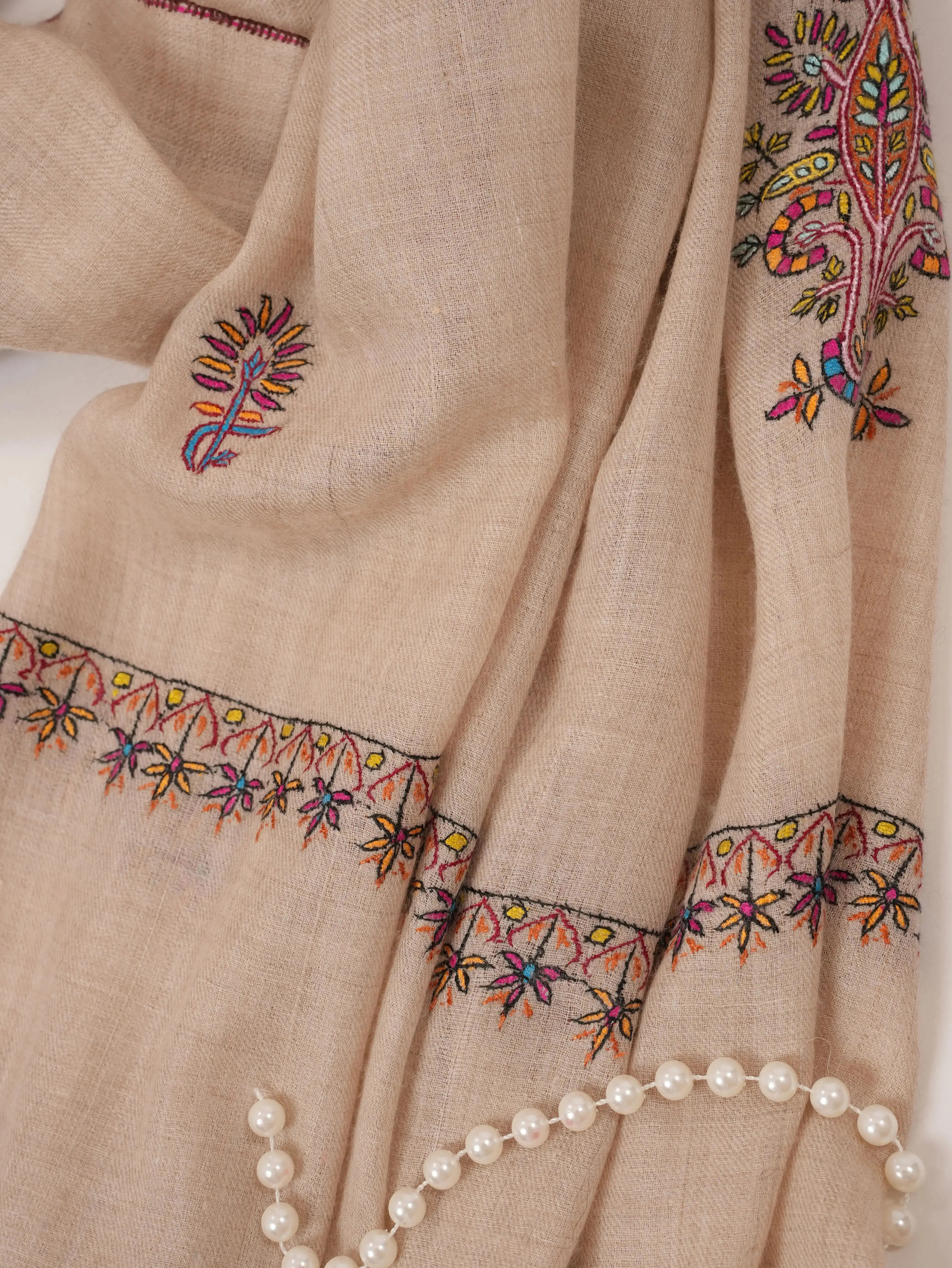 Natural Off White Handwoven Pashmina Shawl with Kashmiri Buteh Hand Embroidery Shahkaar.com