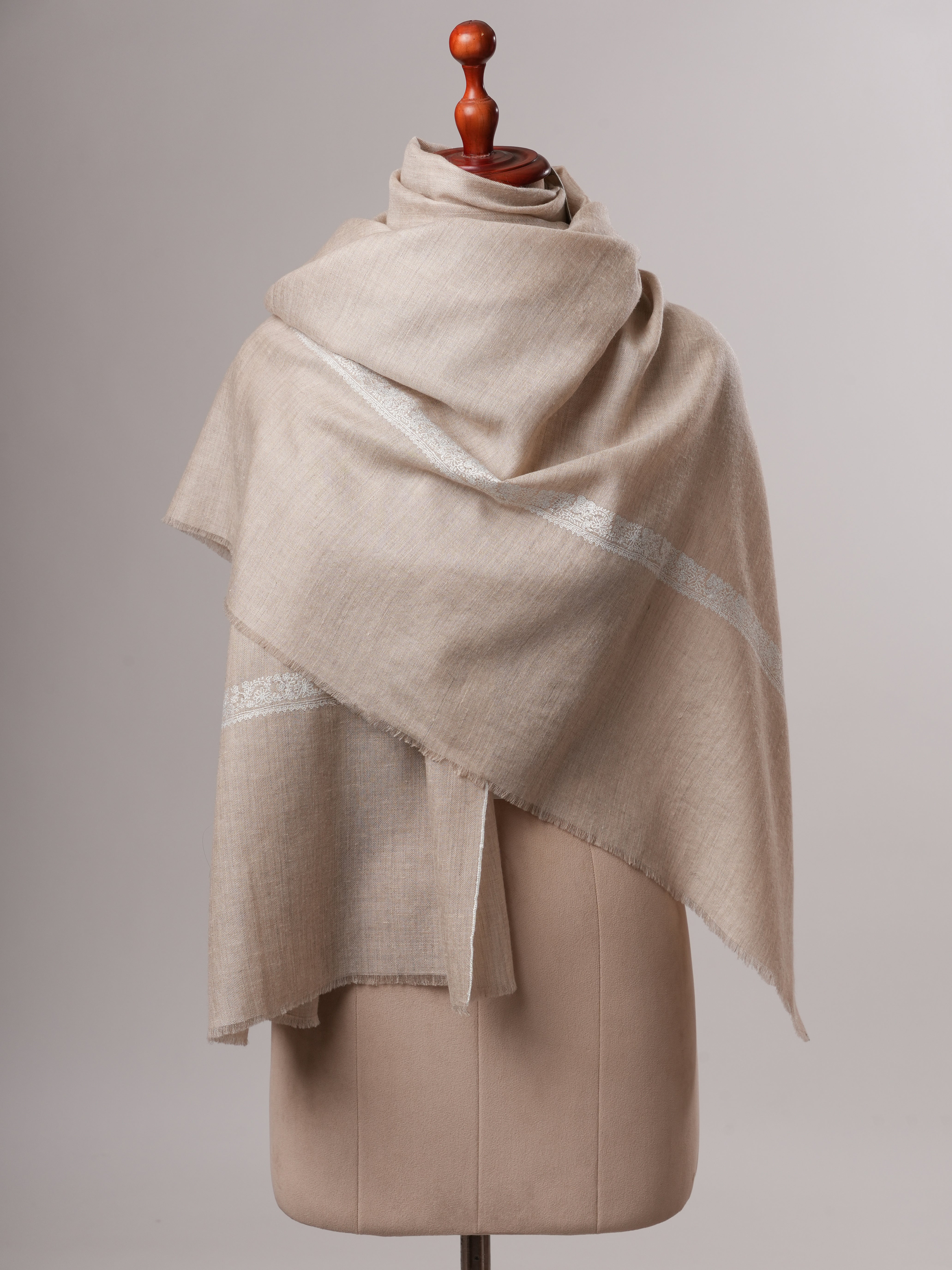 White Kashmiri Pashmina with Traditional Hashia Border Sozni Work