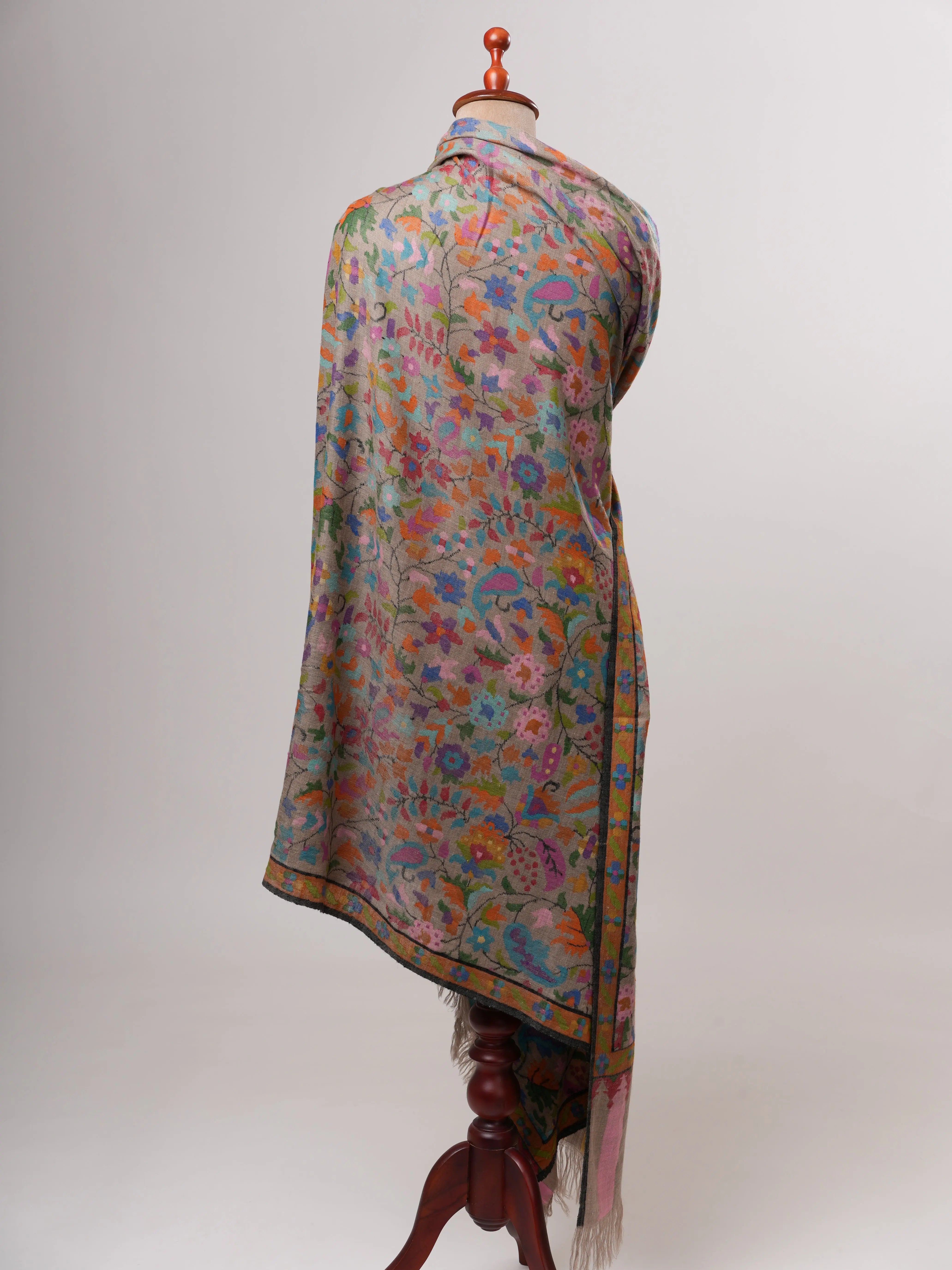 Natural Grey Oversized Kani Pashmina Wrap with Multicolor Motifs Shahkaar