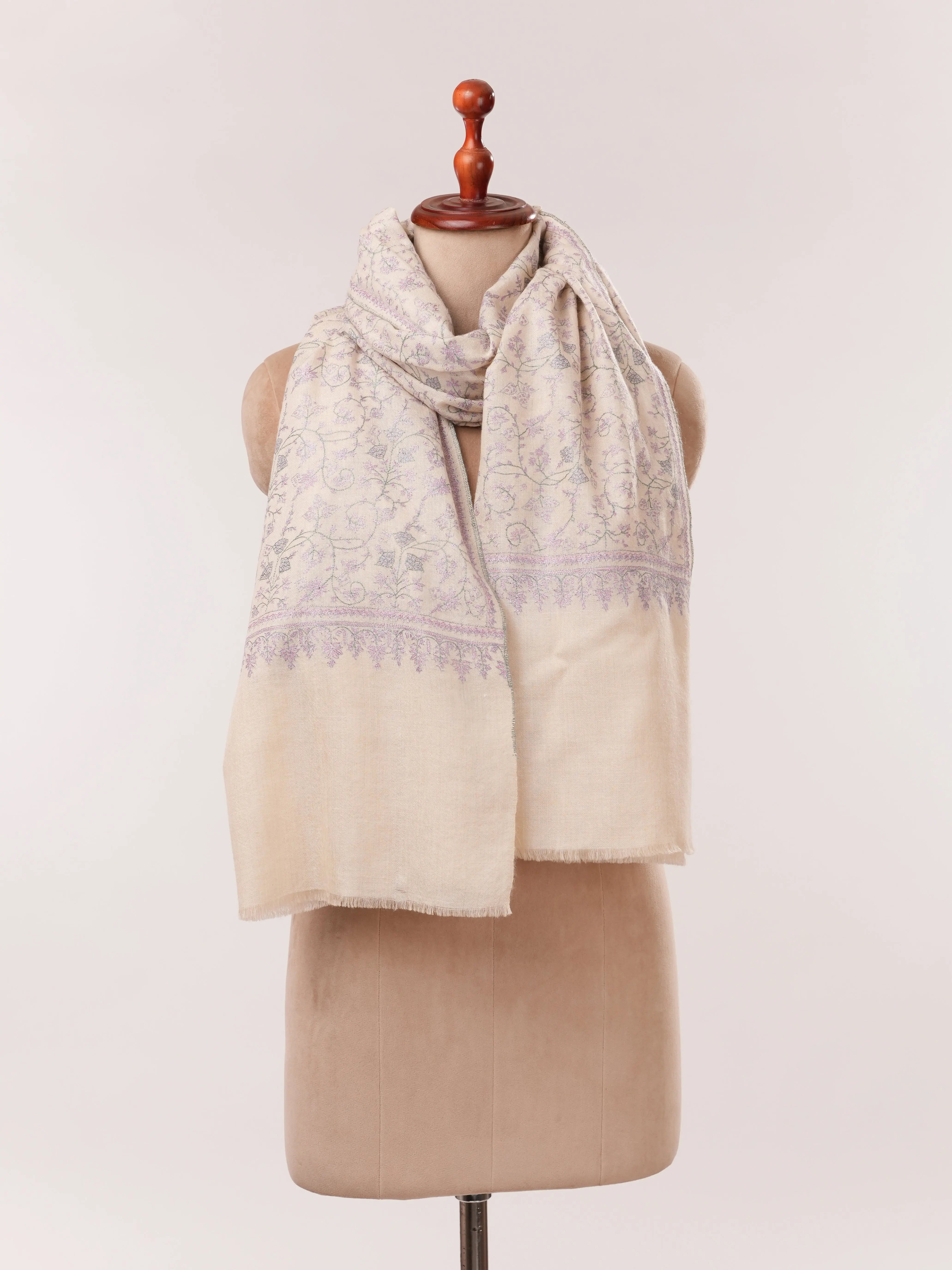 White Jali Pure Pashmina Shawl Embroidered Using Kashmiri Mulberry Silk Shahkaar.com