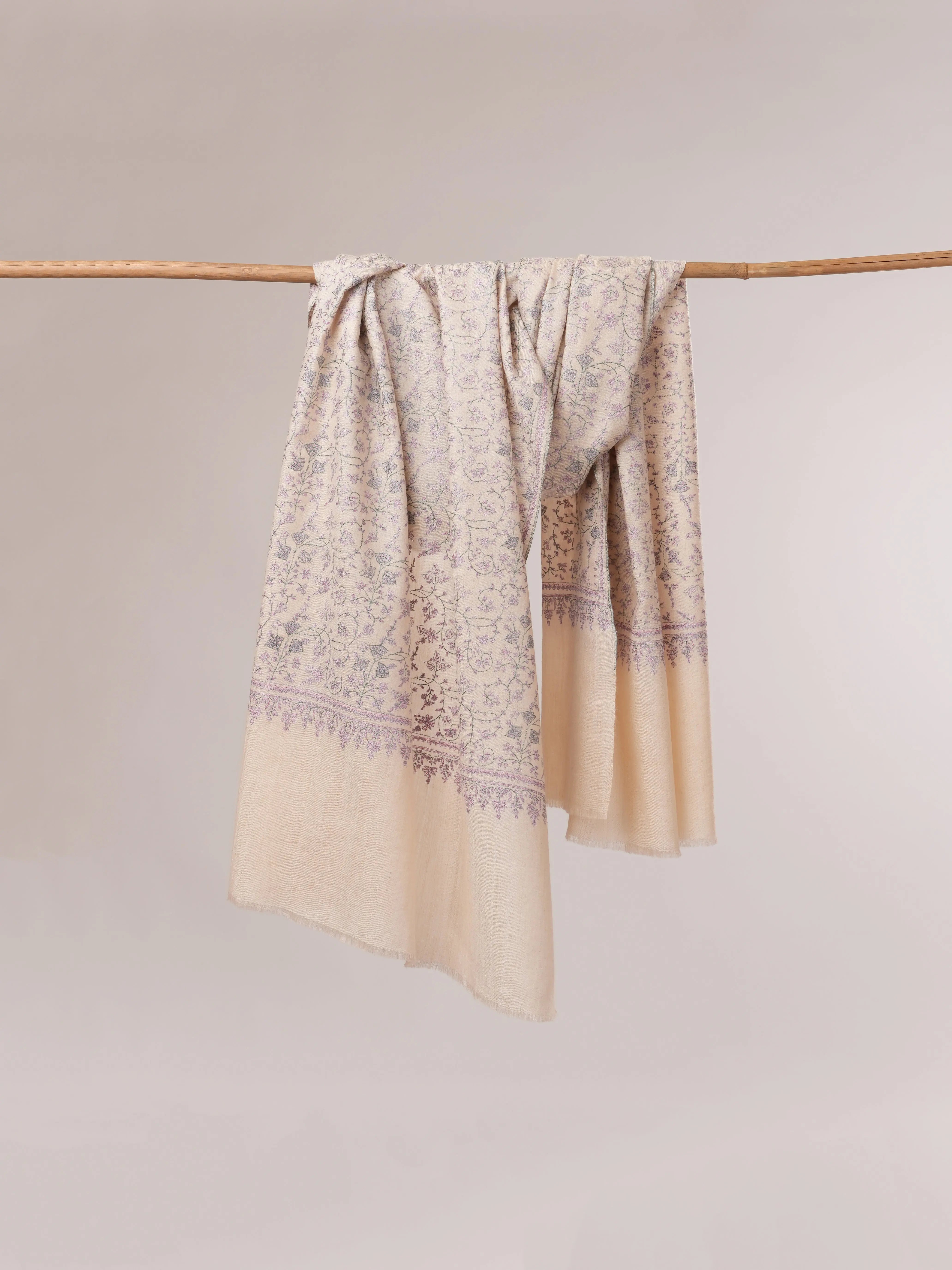 White Jali Pure Pashmina Shawl Embroidered Using Kashmiri Mulberry Silk Shahkaar.com