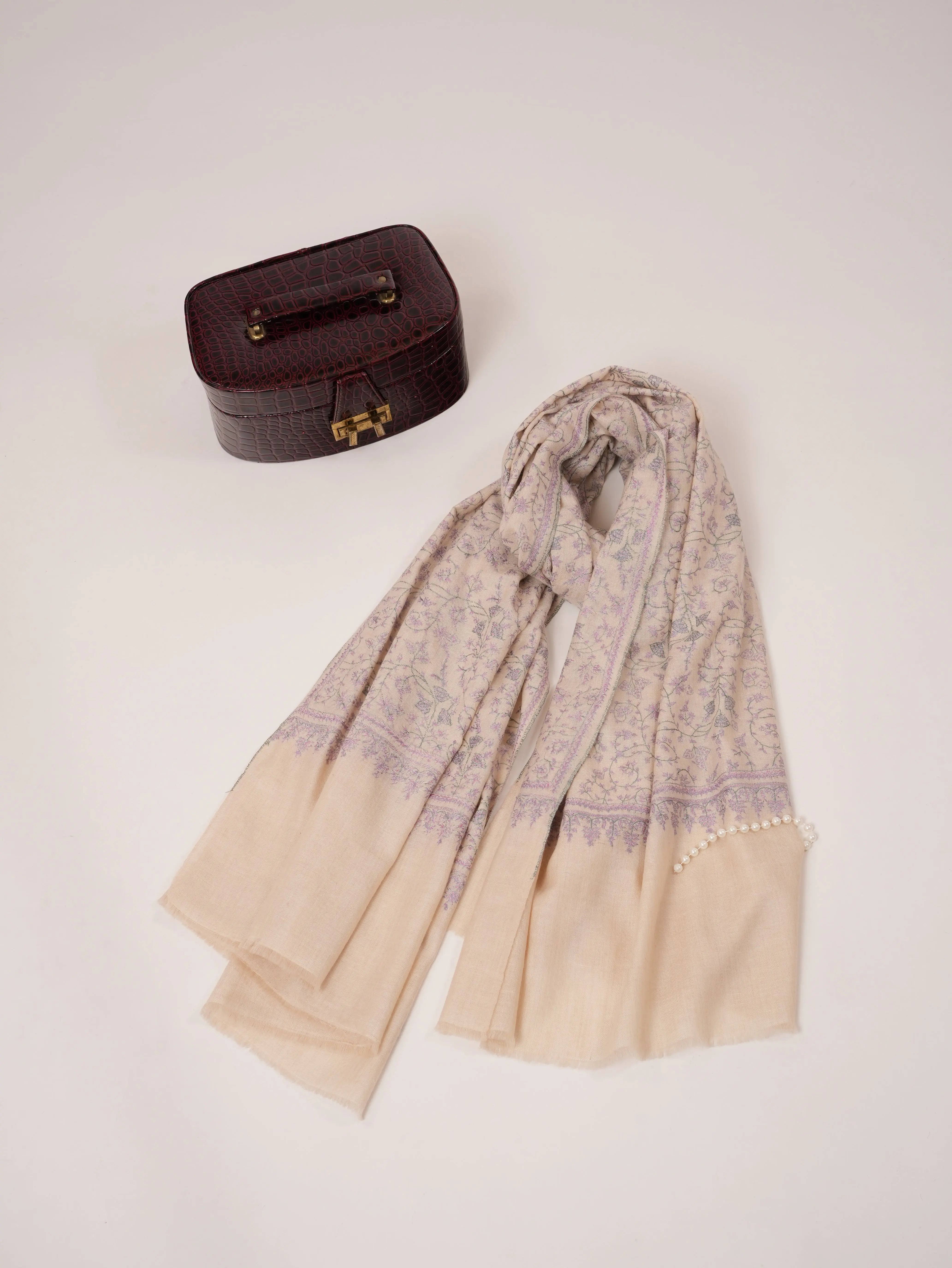 White Jali Pure Pashmina Shawl Embroidered Using Kashmiri Mulberry Silk Shahkaar.com