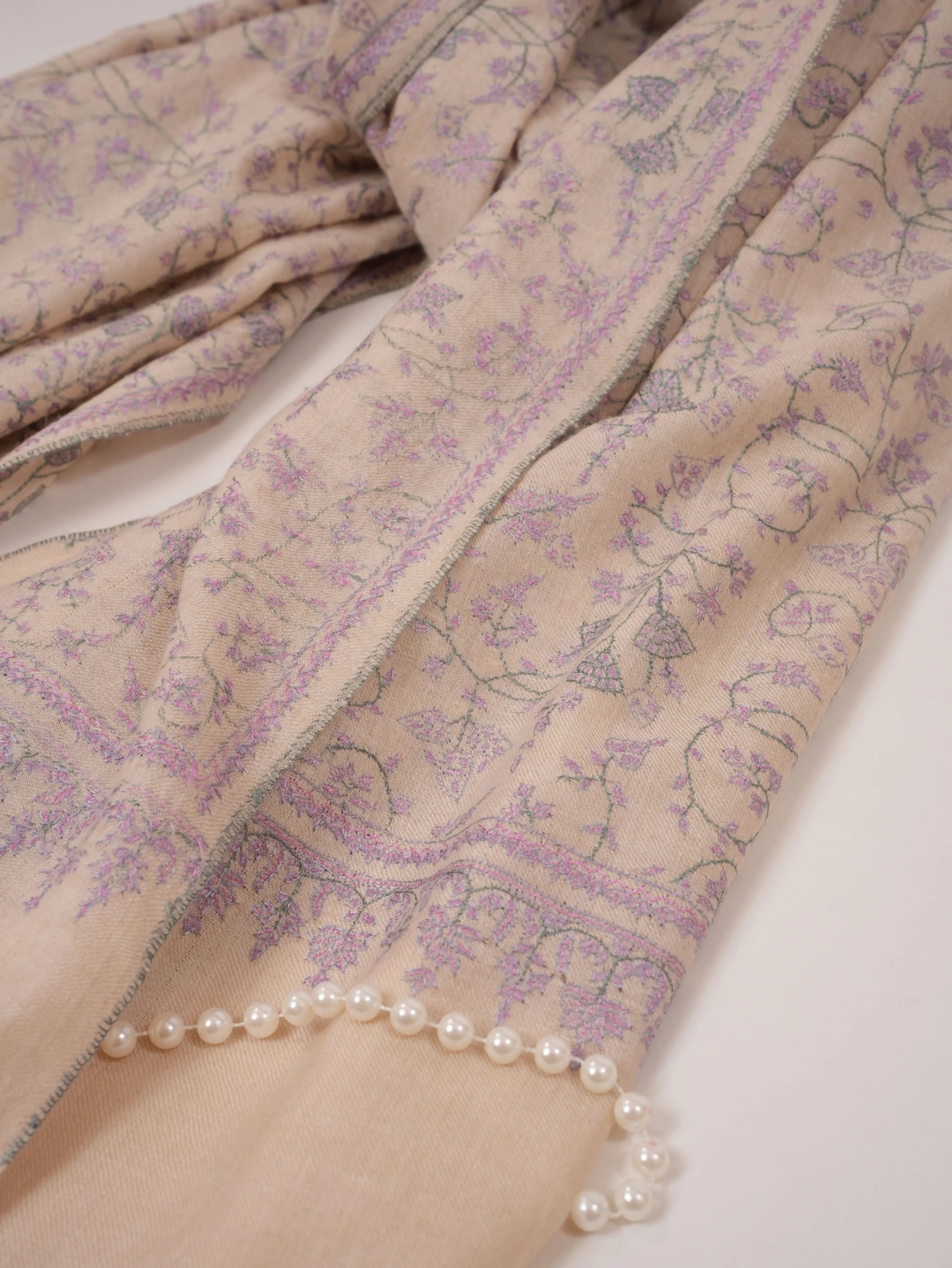 White Jali Pure Pashmina Shawl Embroidered Using Kashmiri Mulberry Silk Shahkaar.com