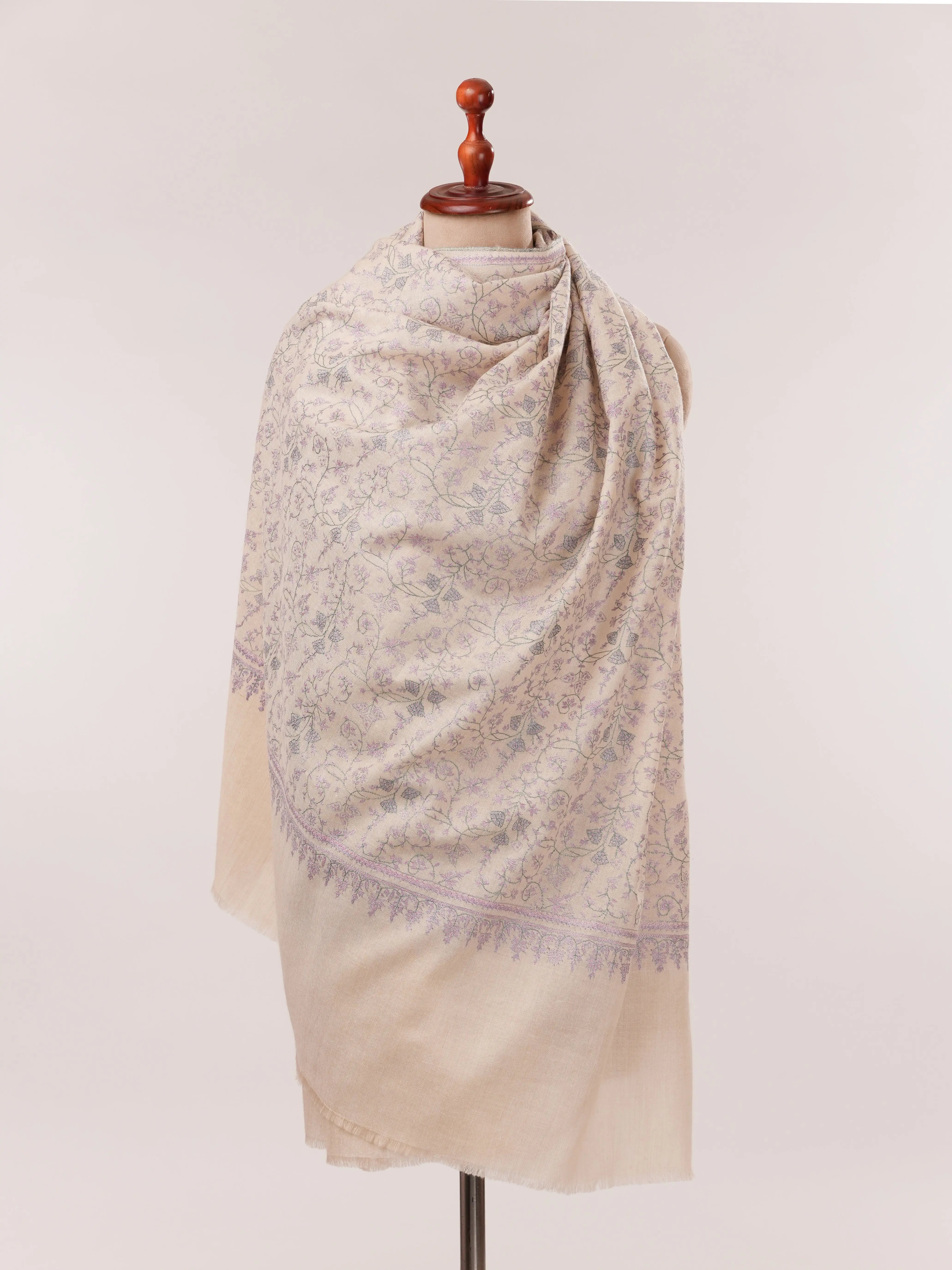 White Jali Pure Pashmina Shawl Embroidered Using Kashmiri Mulberry Silk Shahkaar.com
