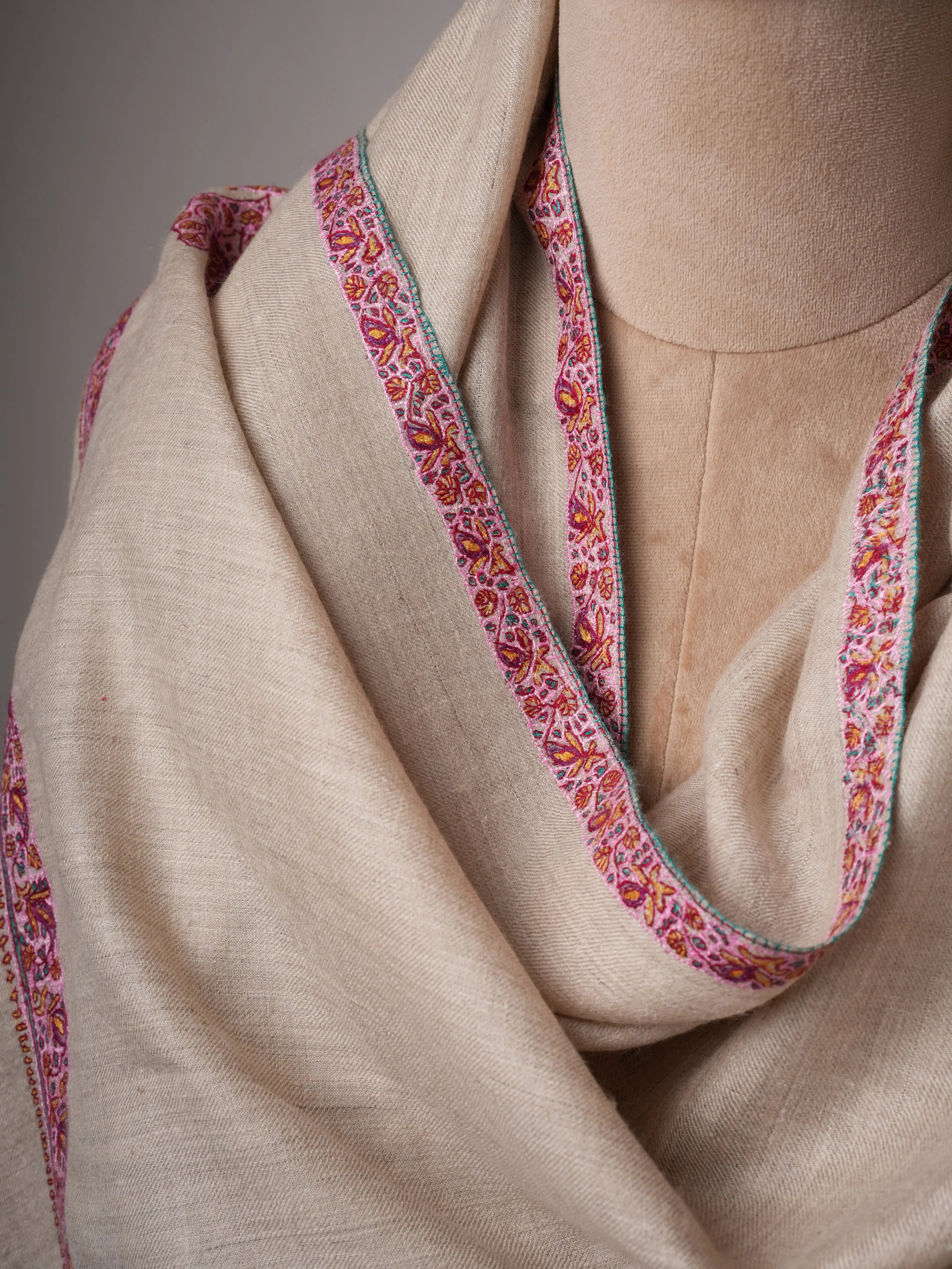 Natural Grey Hashia Sozni Embroidered Pashmina Shawl Shahkaar
