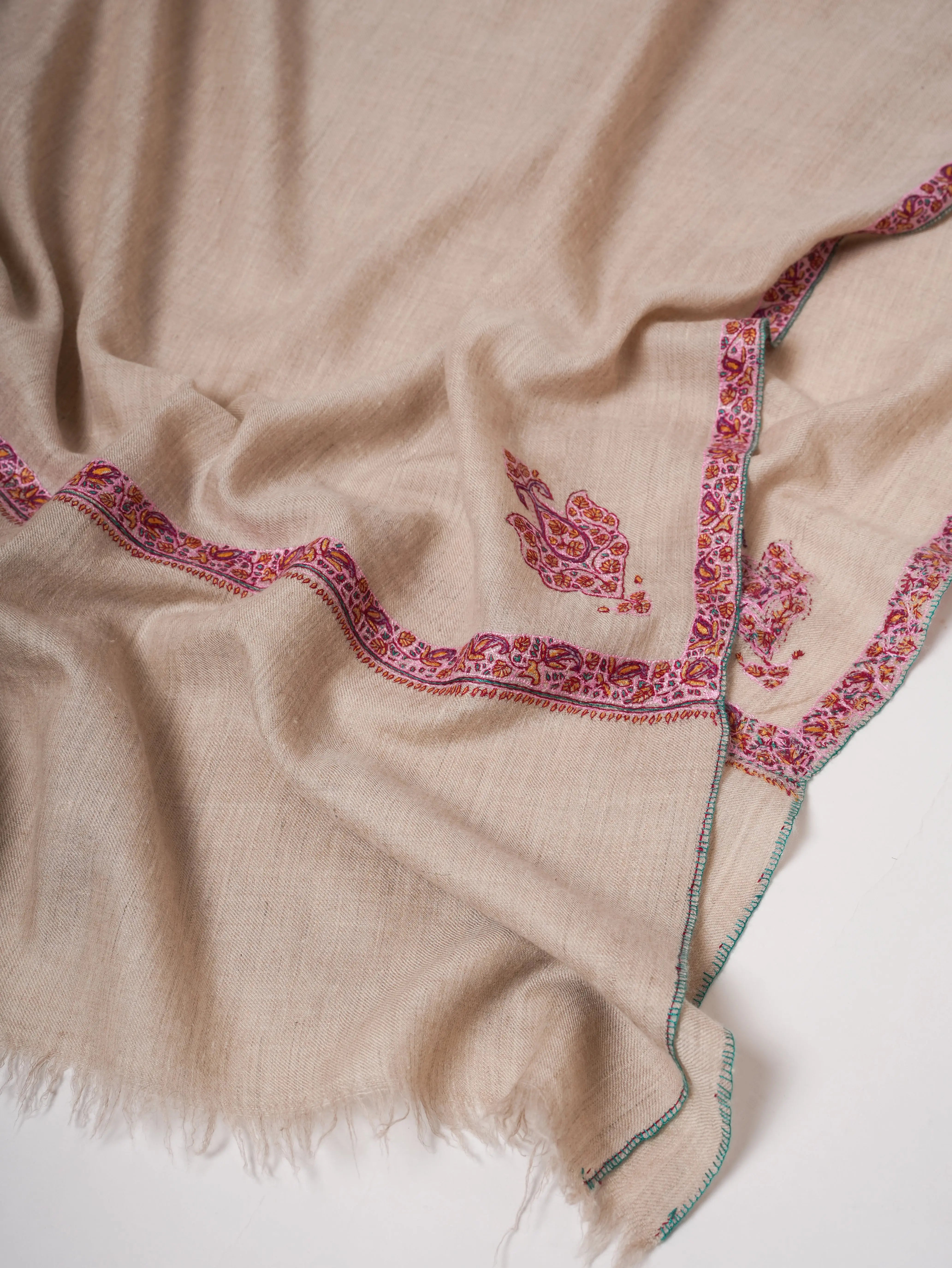 Natural Grey Hashia Sozni Embroidered Pashmina Shawl Shahkaar