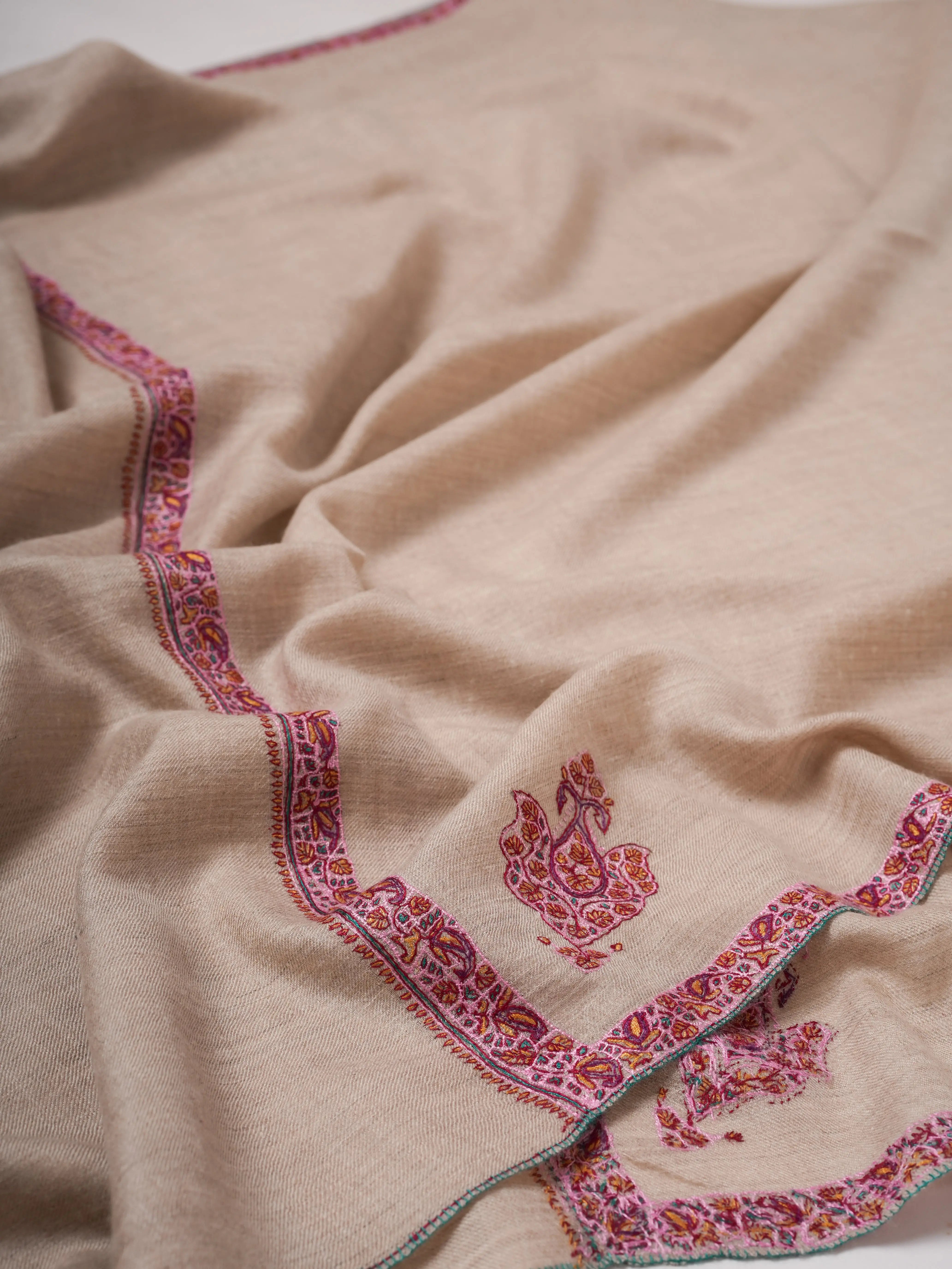 Natural Grey Hashia Sozni Embroidered Pashmina Shawl Shahkaar