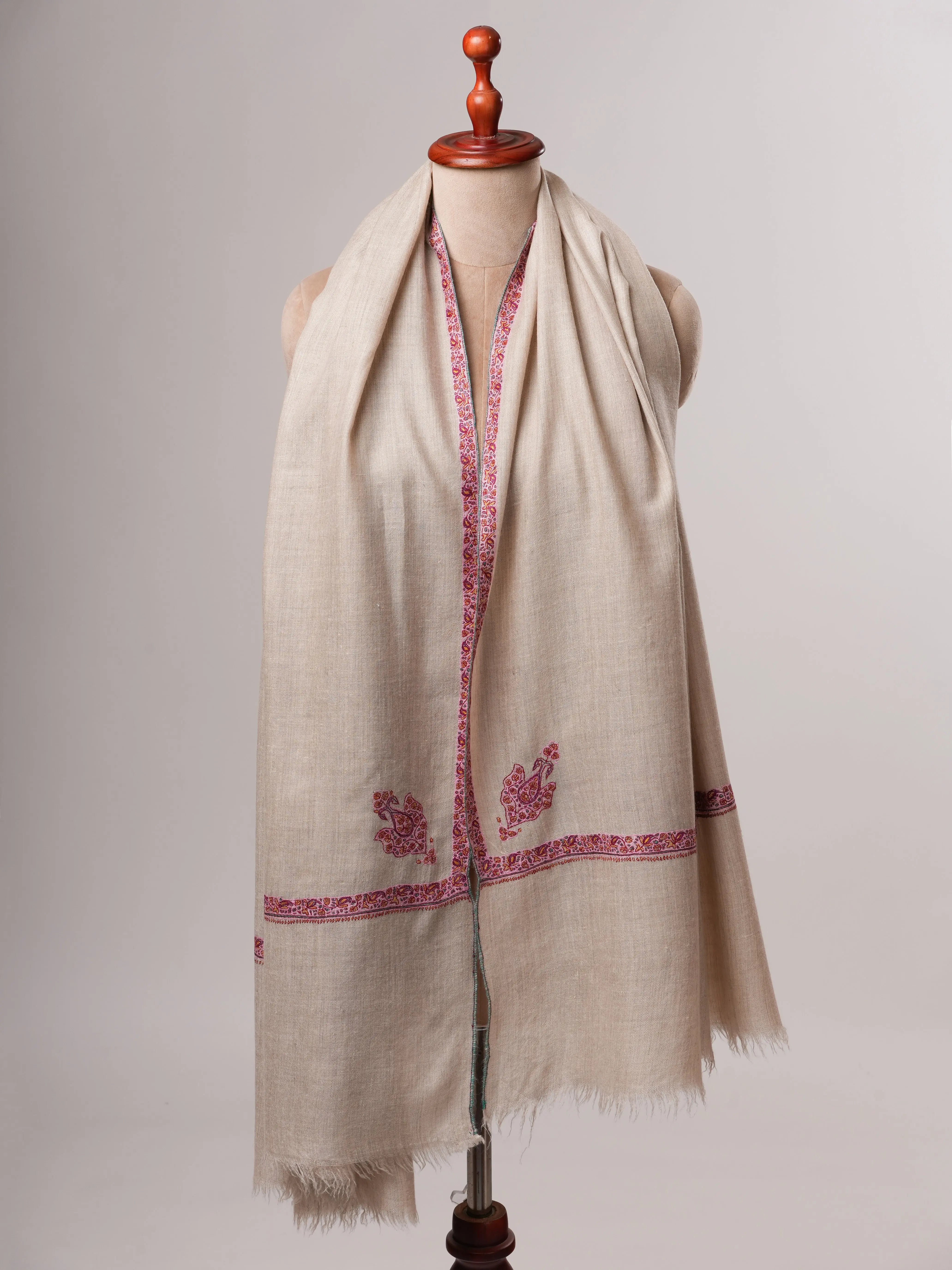 Natural Grey Hashia Sozni Embroidered Pashmina Shawl Shahkaar