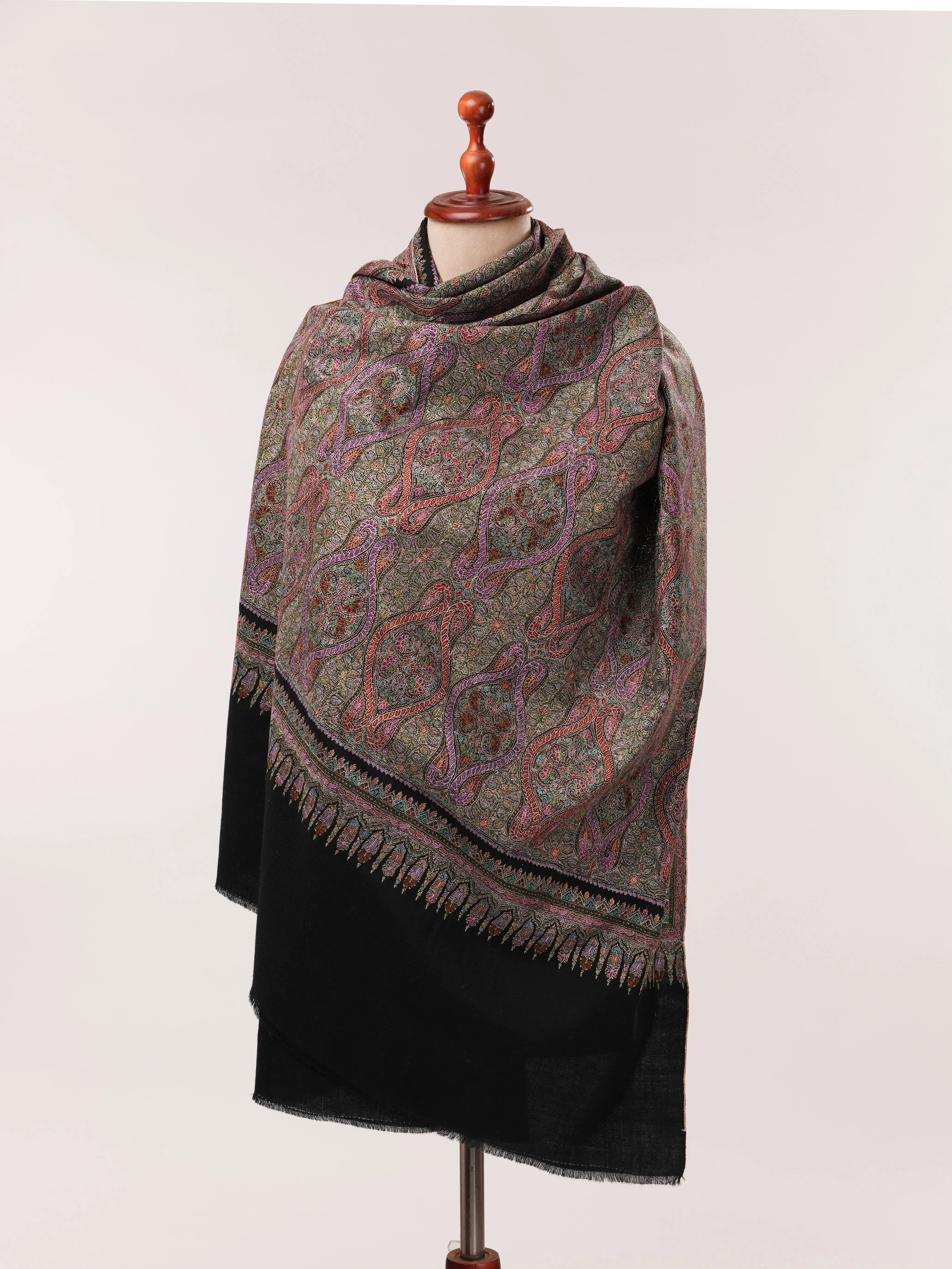 Black Pure Pashmina Shawl with Fine Silk Hand Embroidery in Jamavar Motif Shahkaar.com