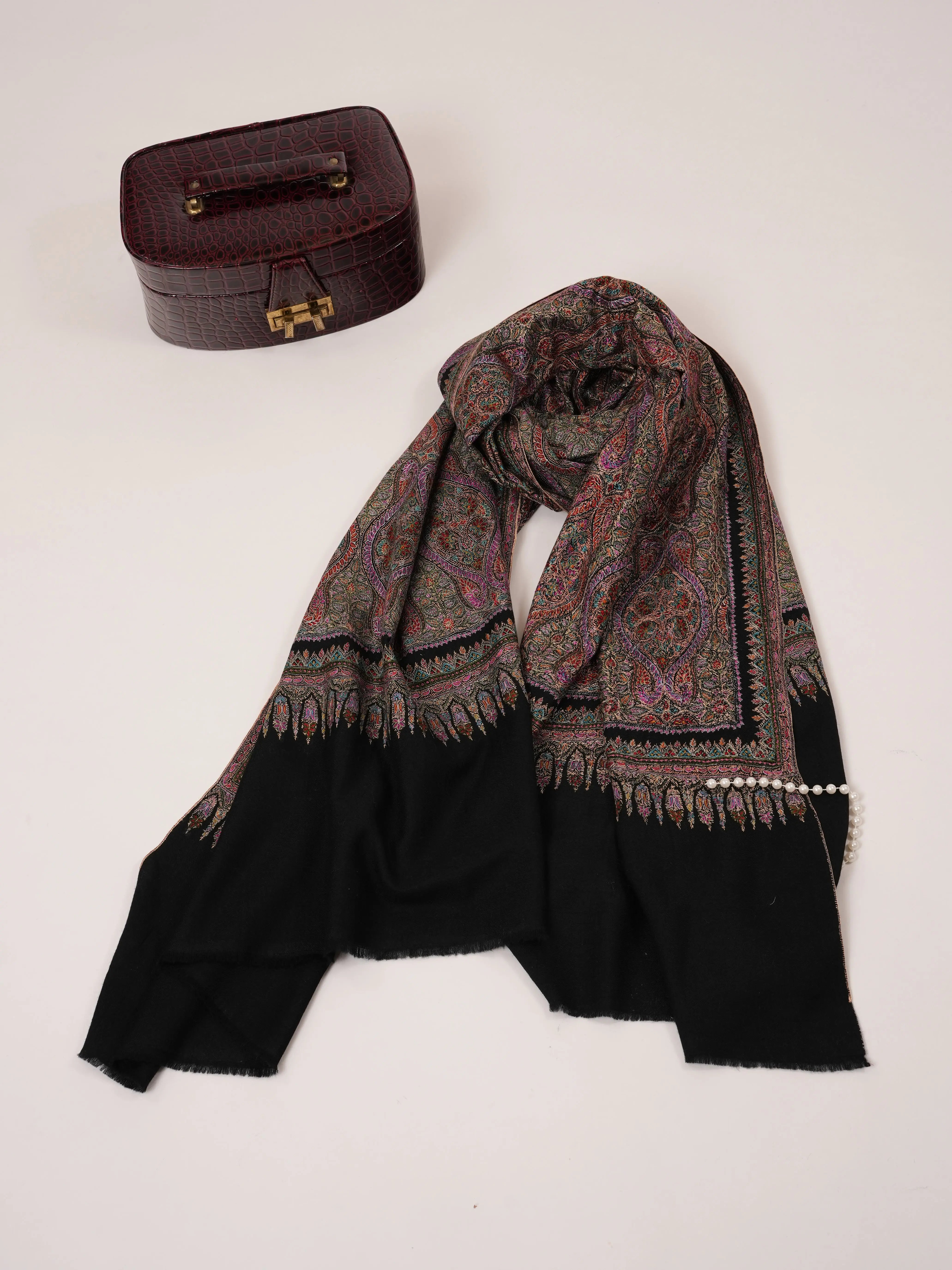 Black Pure Pashmina Shawl with Fine Silk Hand Embroidery in Jamavar Motif Shahkaar.com
