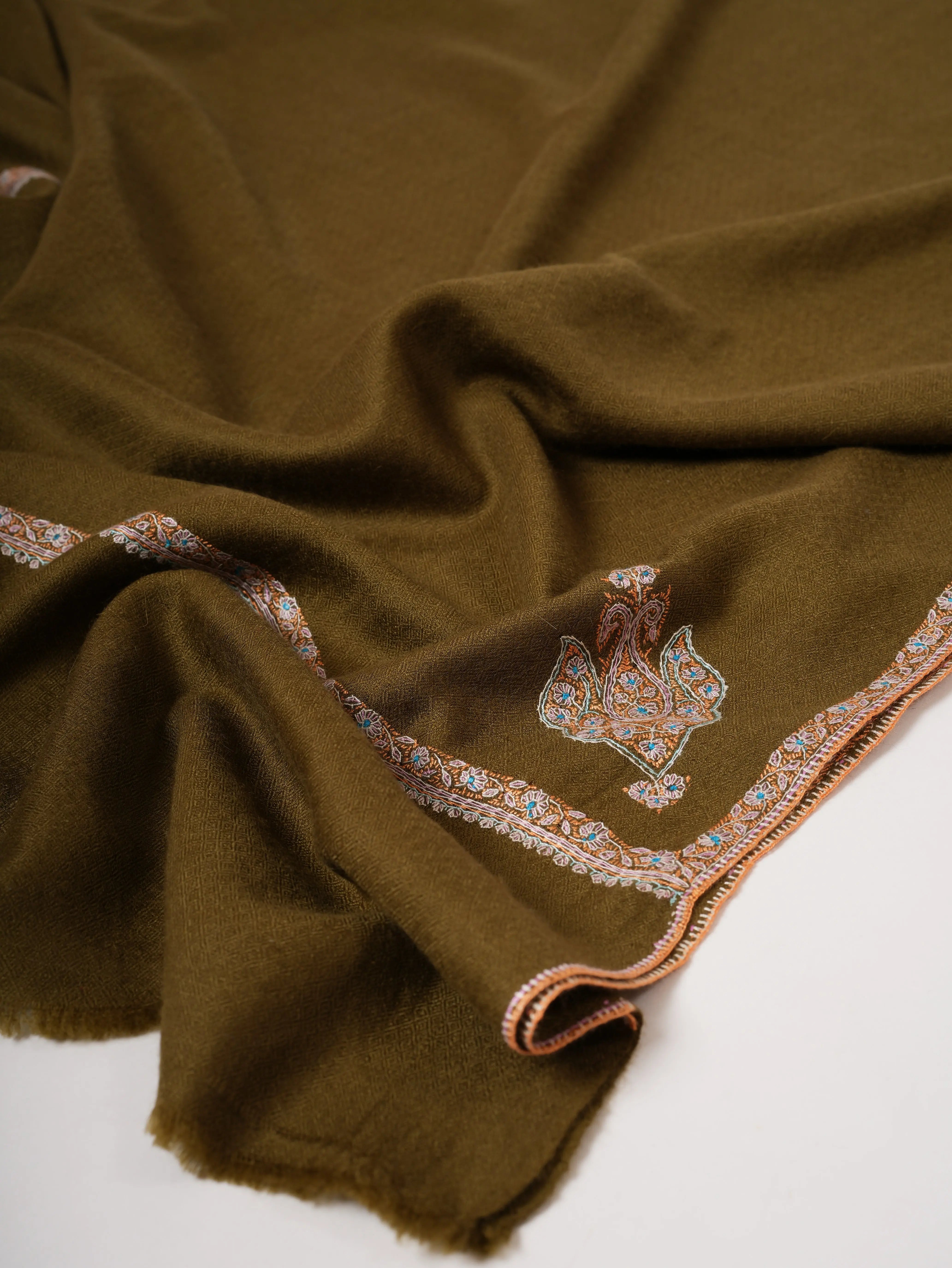 Olive Bail Hand Embroidered Kashmiri Pashmina Shawl – Soft Luxurious Wrap Shahkaar
