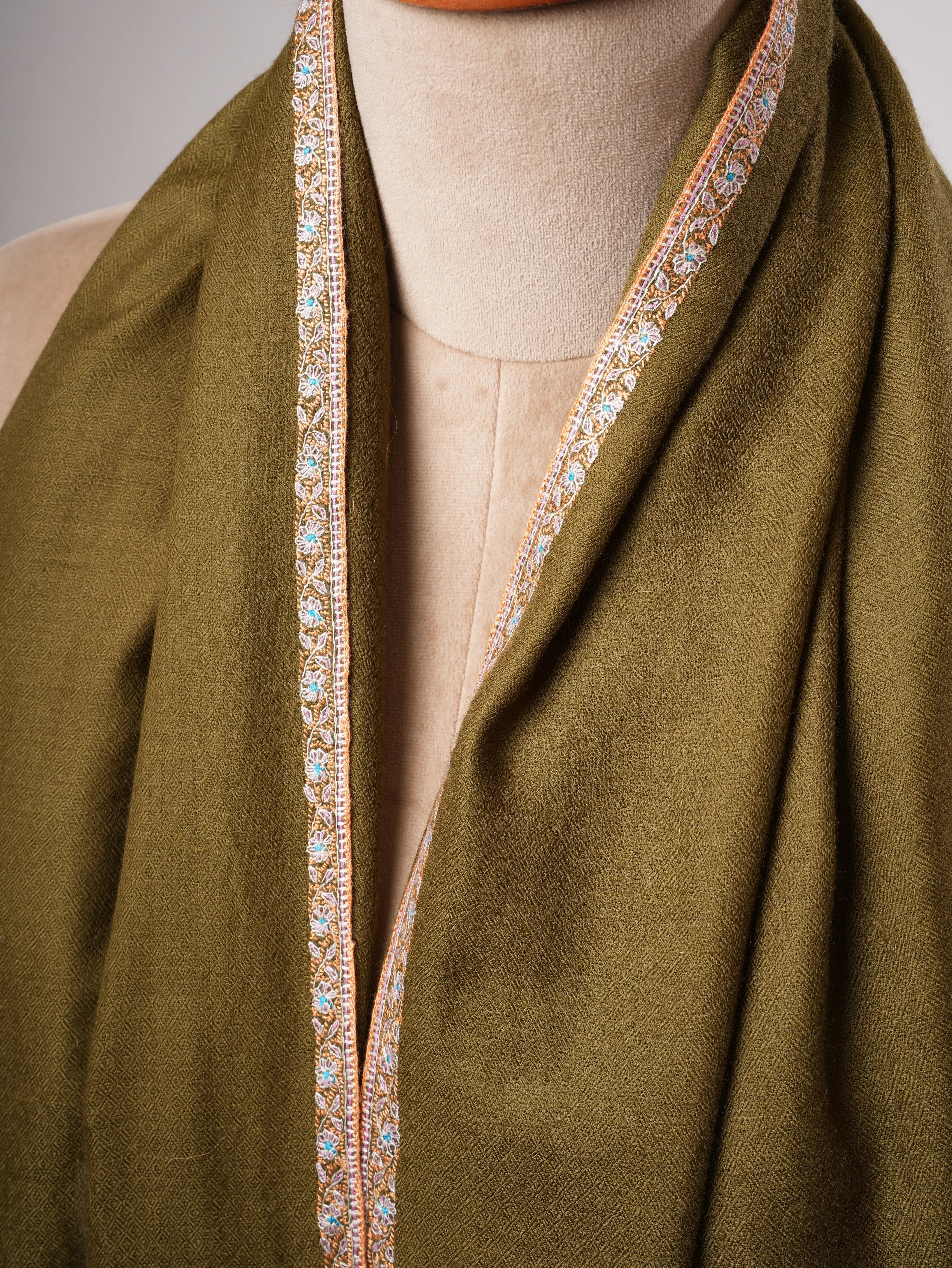 Olive Bail Hand Embroidered Kashmiri Pashmina Shawl – Soft Luxurious Wrap Shahkaar