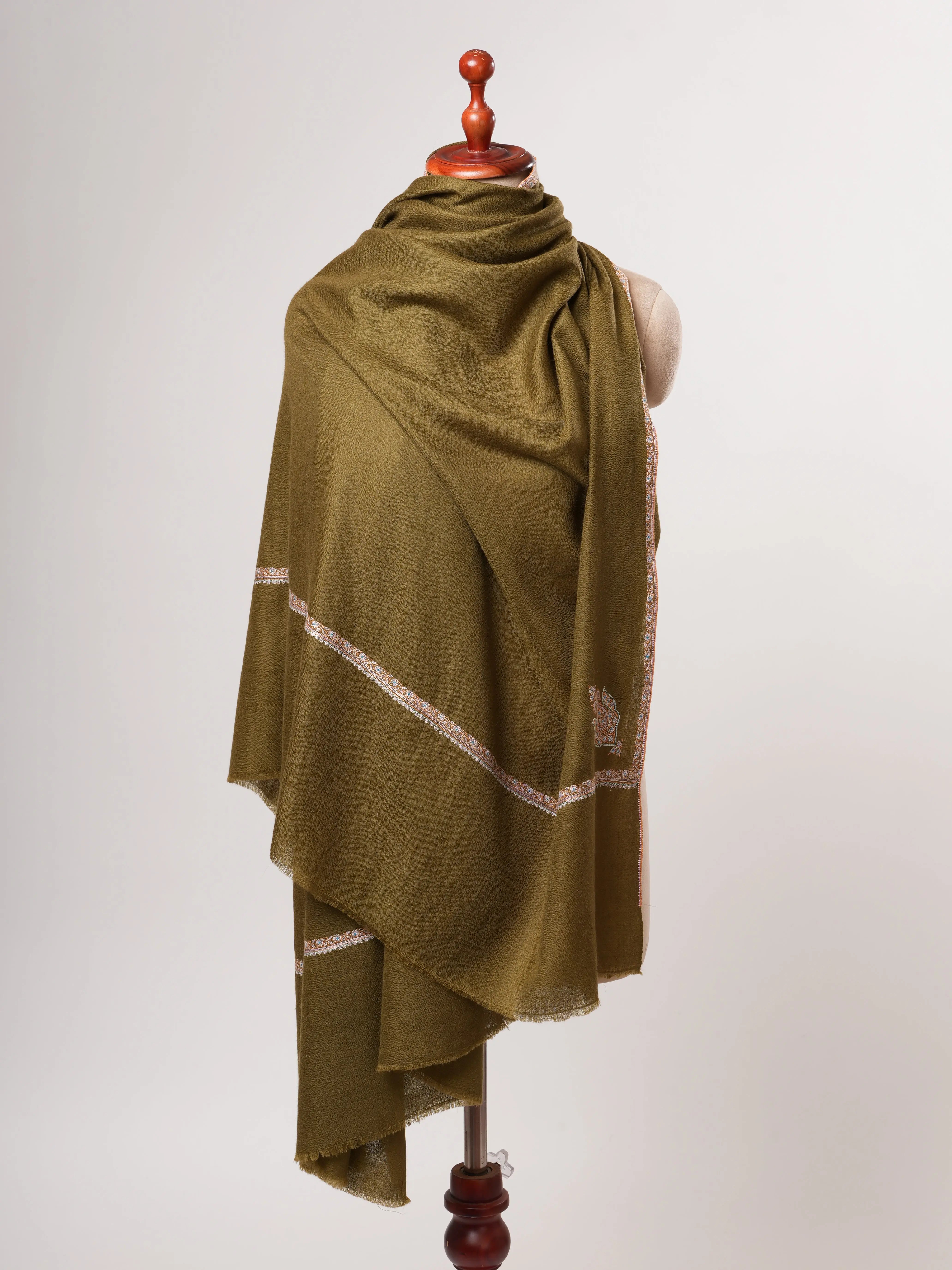 Olive Bail Hand Embroidered Kashmiri Pashmina Shawl – Soft Luxurious Wrap Shahkaar