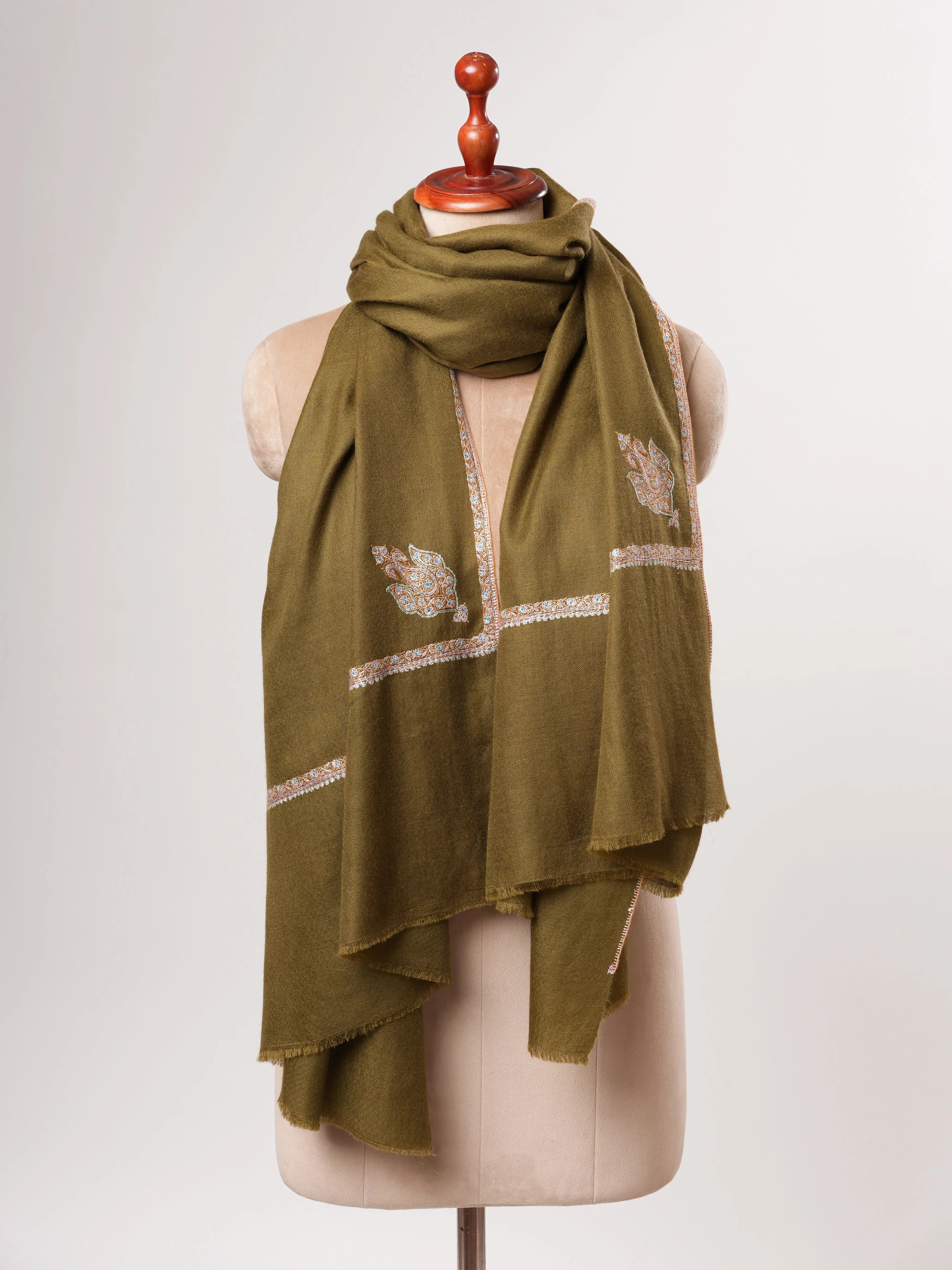 Olive Bail Hand Embroidered Kashmiri Pashmina Shawl – Soft Luxurious Wrap Shahkaar