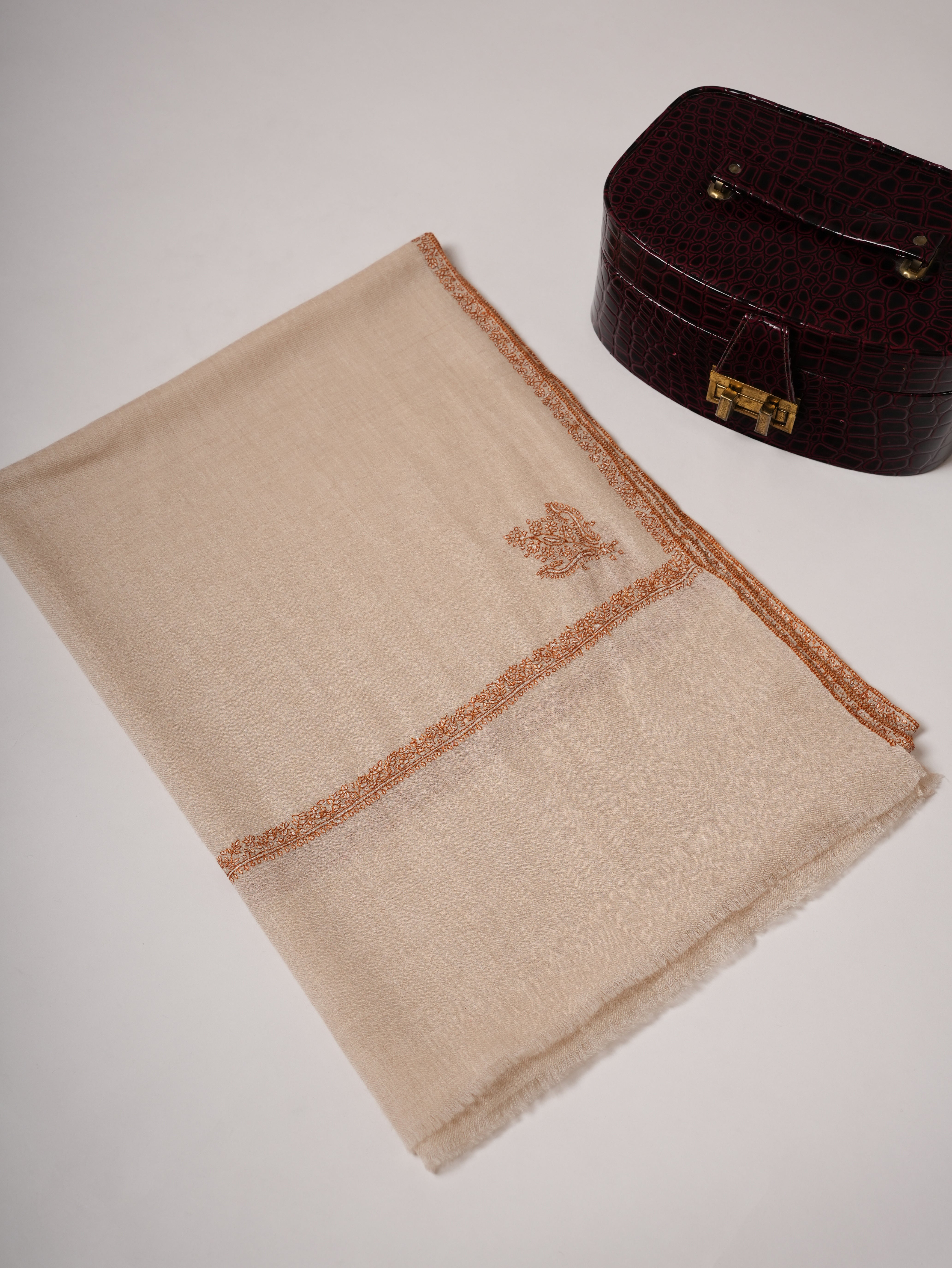 Natural White Bail Embroidered Handwoven Cashmere Scarf Shahkaar