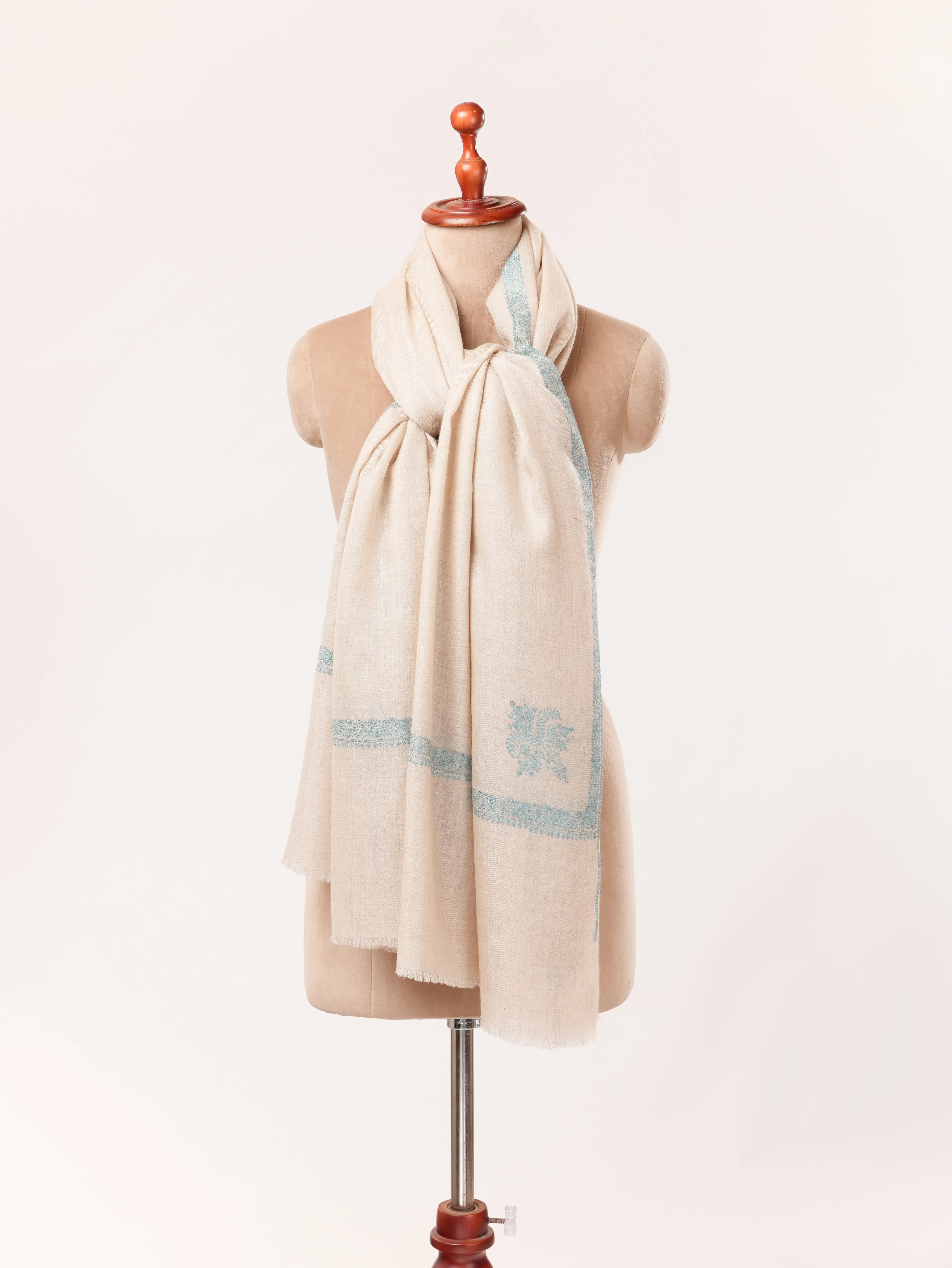 Kashmiri Natural Off White Handwoven Pashmina Shawl with Kashmiri Sozni Buteh Embroidery Shahkaar.com