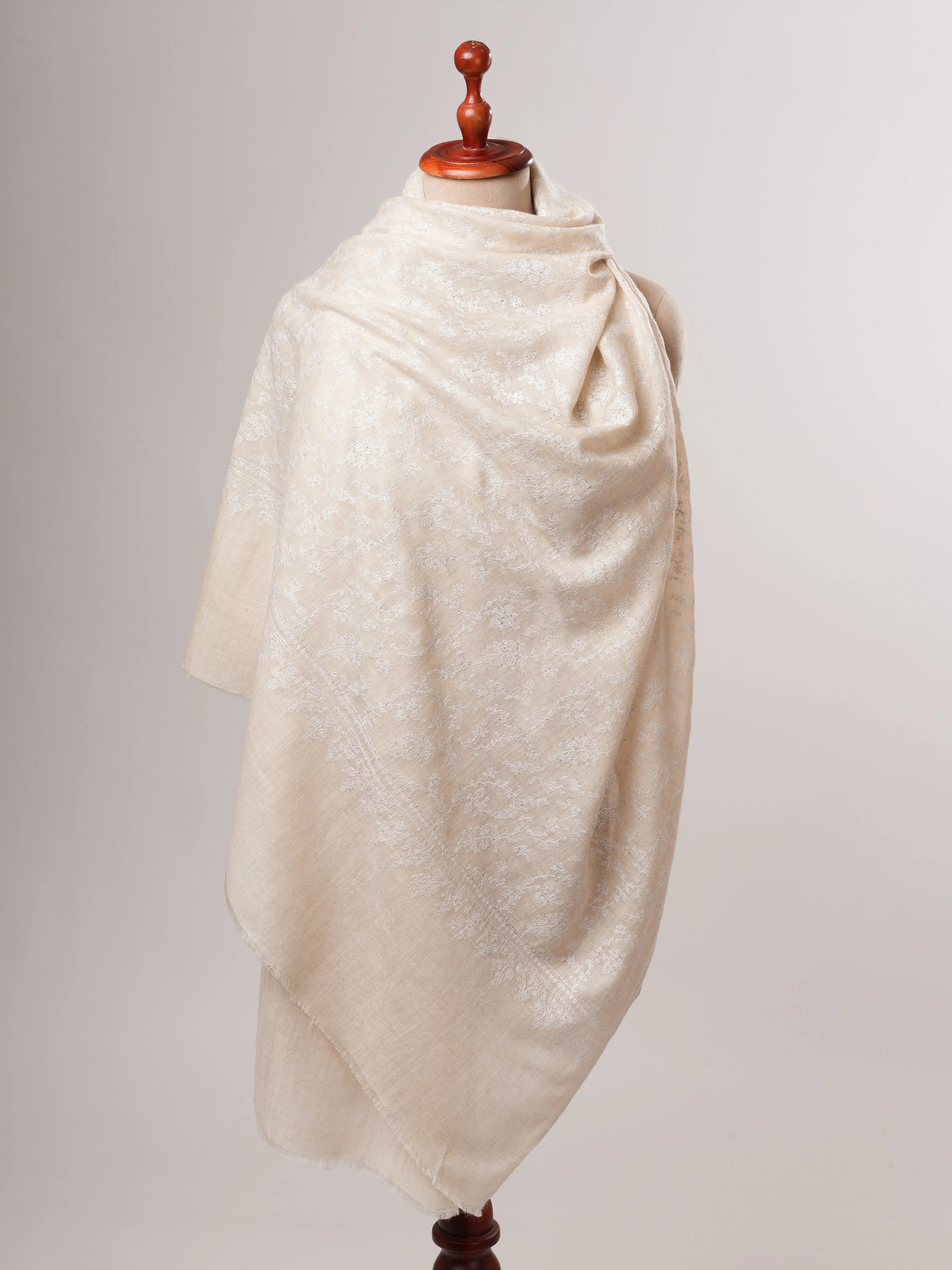 Ivory Pashmina Shawl with Jali White Embroidery Shahkaar