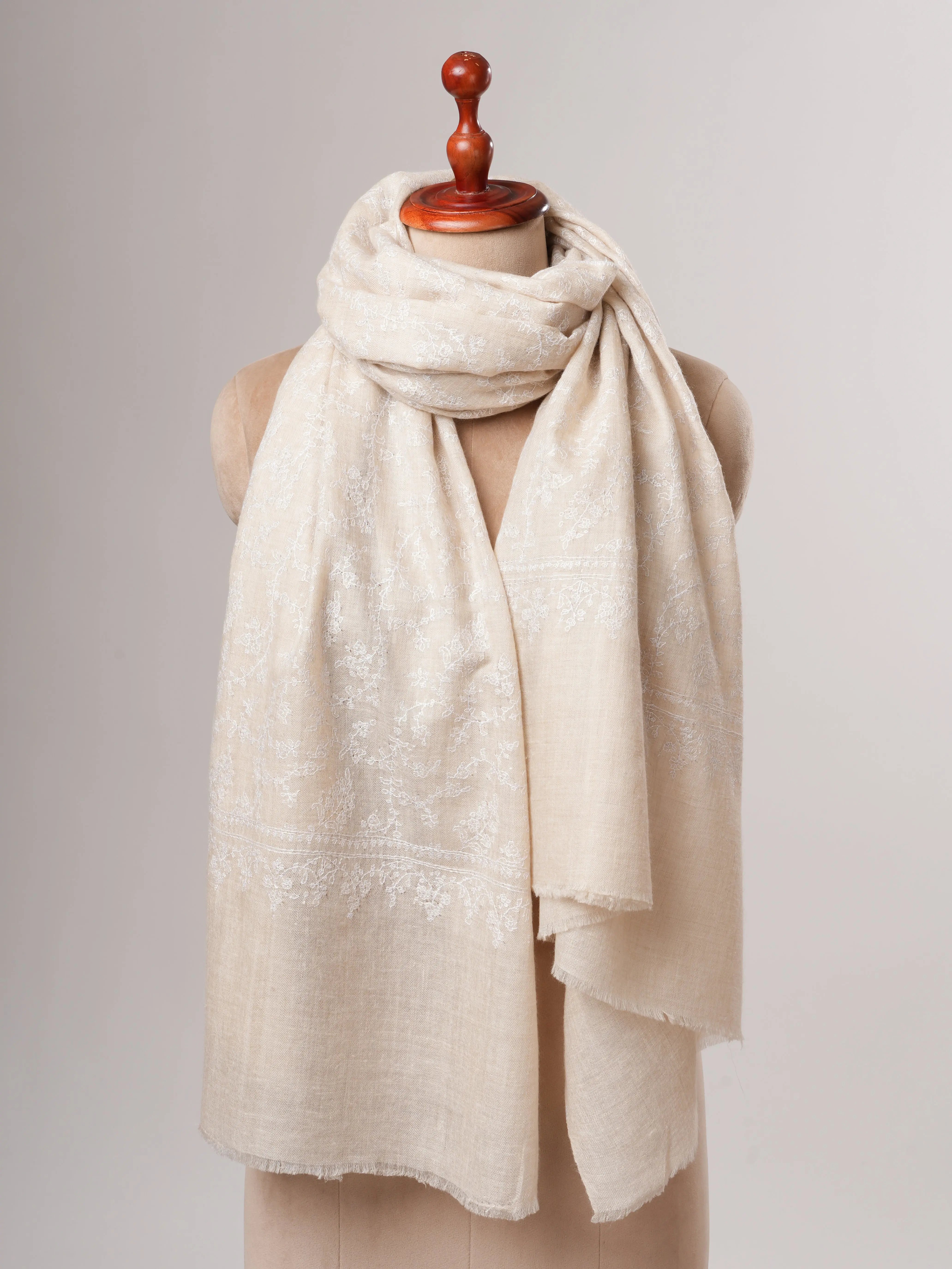 Ivory Pashmina Shawl with Jali White Embroidery Shahkaar