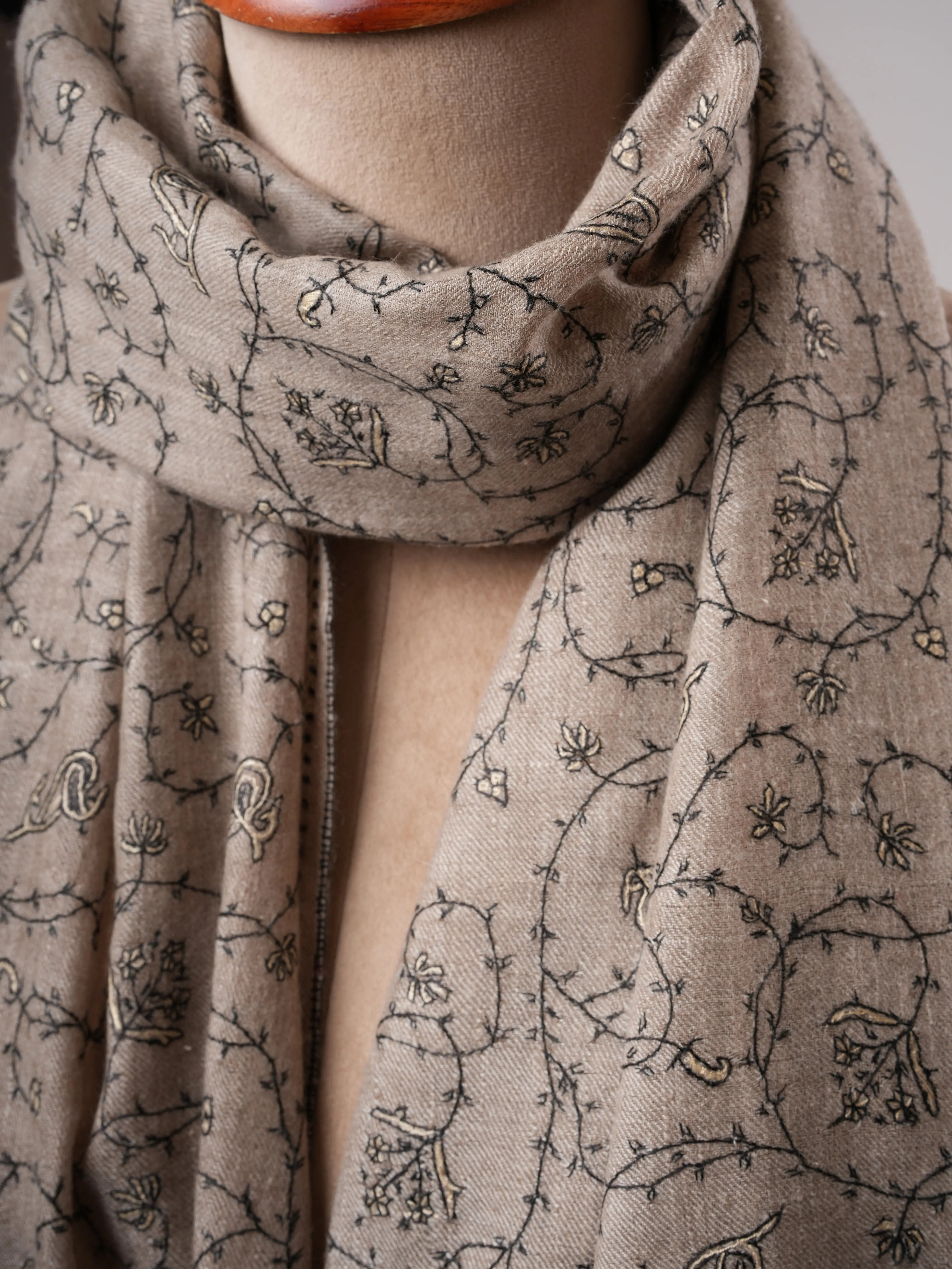 Natural Grey Cashmere Scarf with Black and White Jali Hand Embroidery Shahkaar