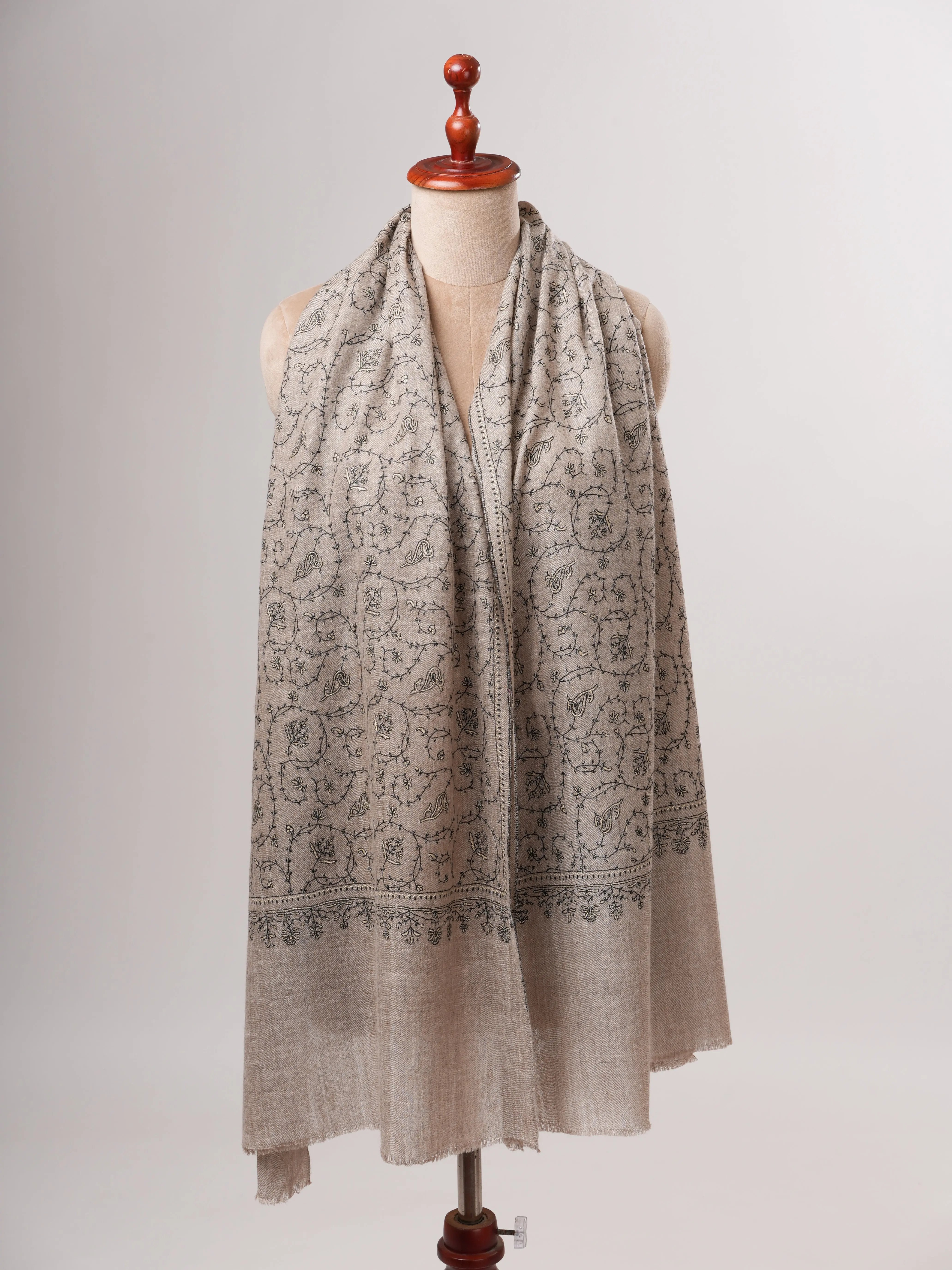 Natural Grey Cashmere Scarf with Black and White Jali Hand Embroidery Shahkaar
