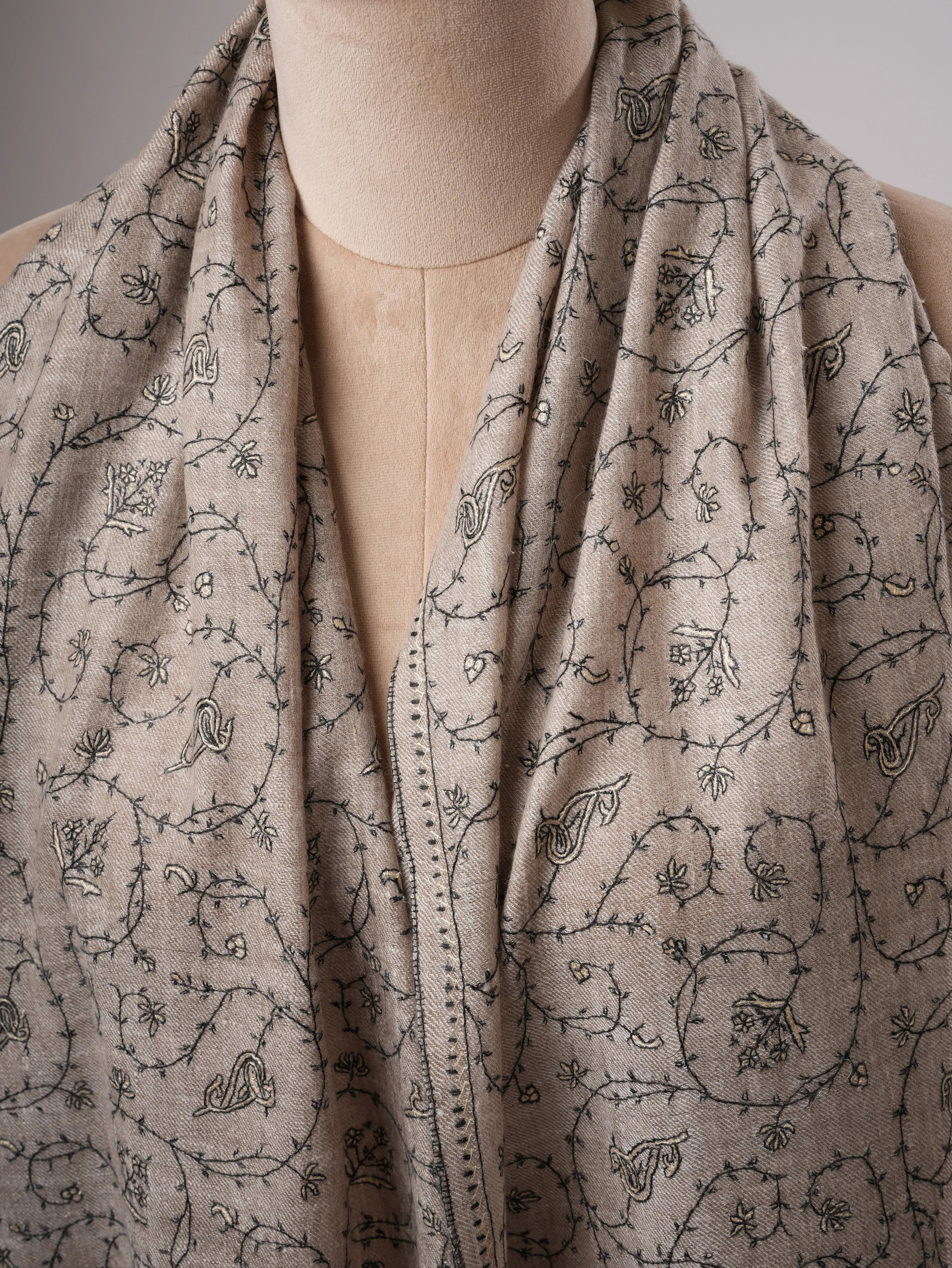 Natural Grey Cashmere Scarf with Black and White Jali Hand Embroidery Shahkaar