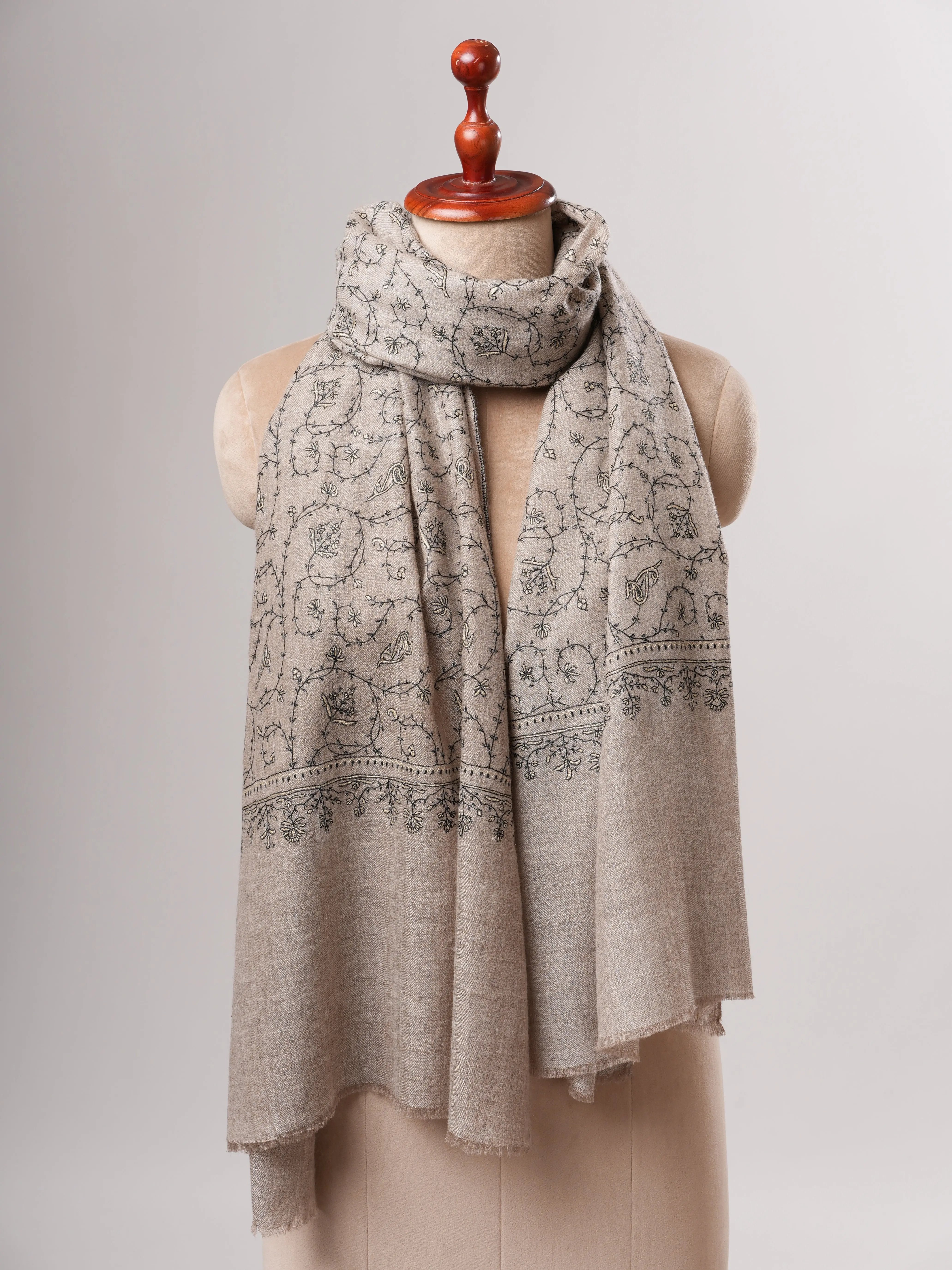 Natural Grey Cashmere Scarf with Black and White Jali Hand Embroidery Shahkaar