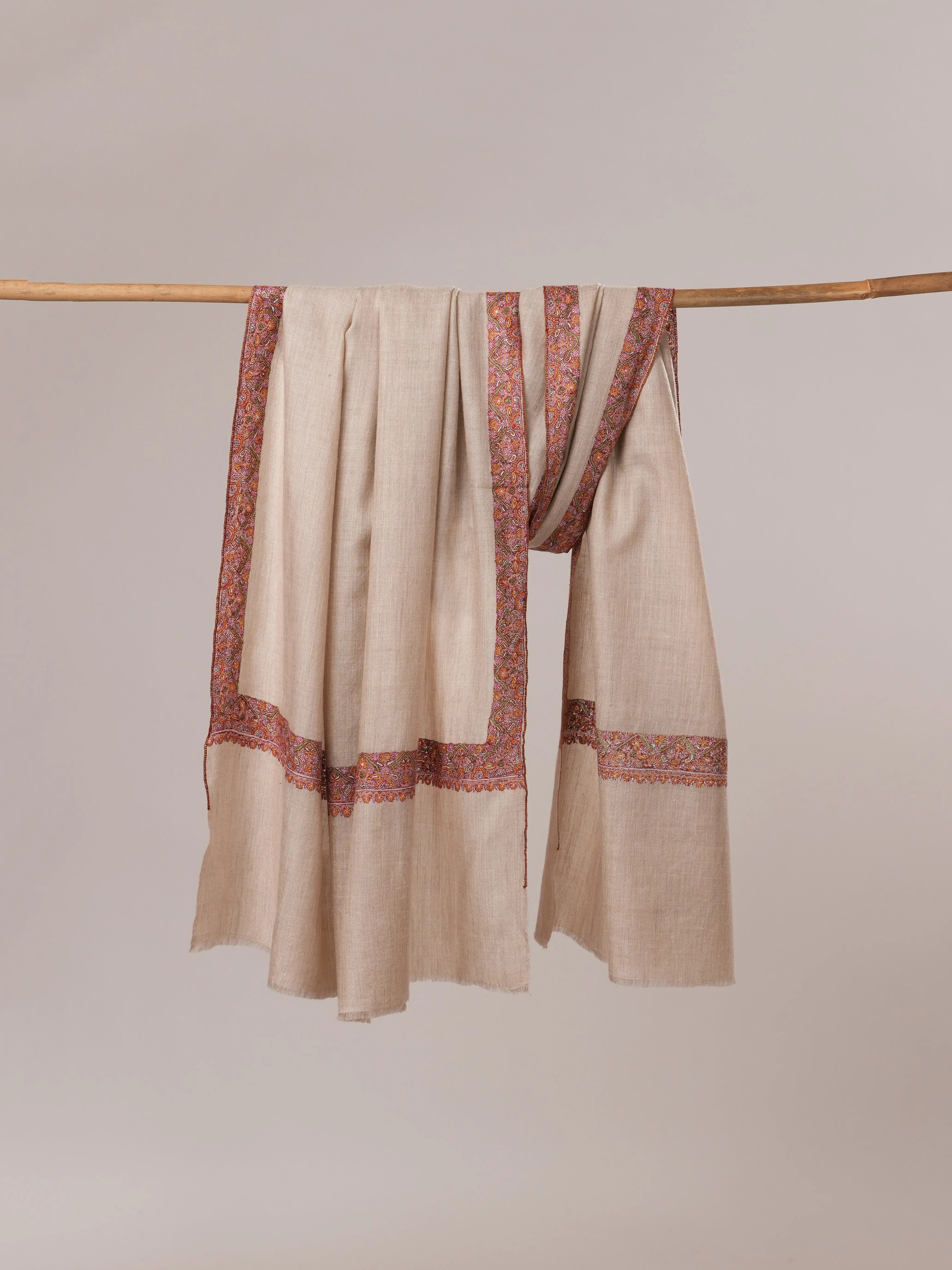Natural Grey Pure Pashmina Shawl with Classic Neemdaur Hand Embroidery Shahkaar.com