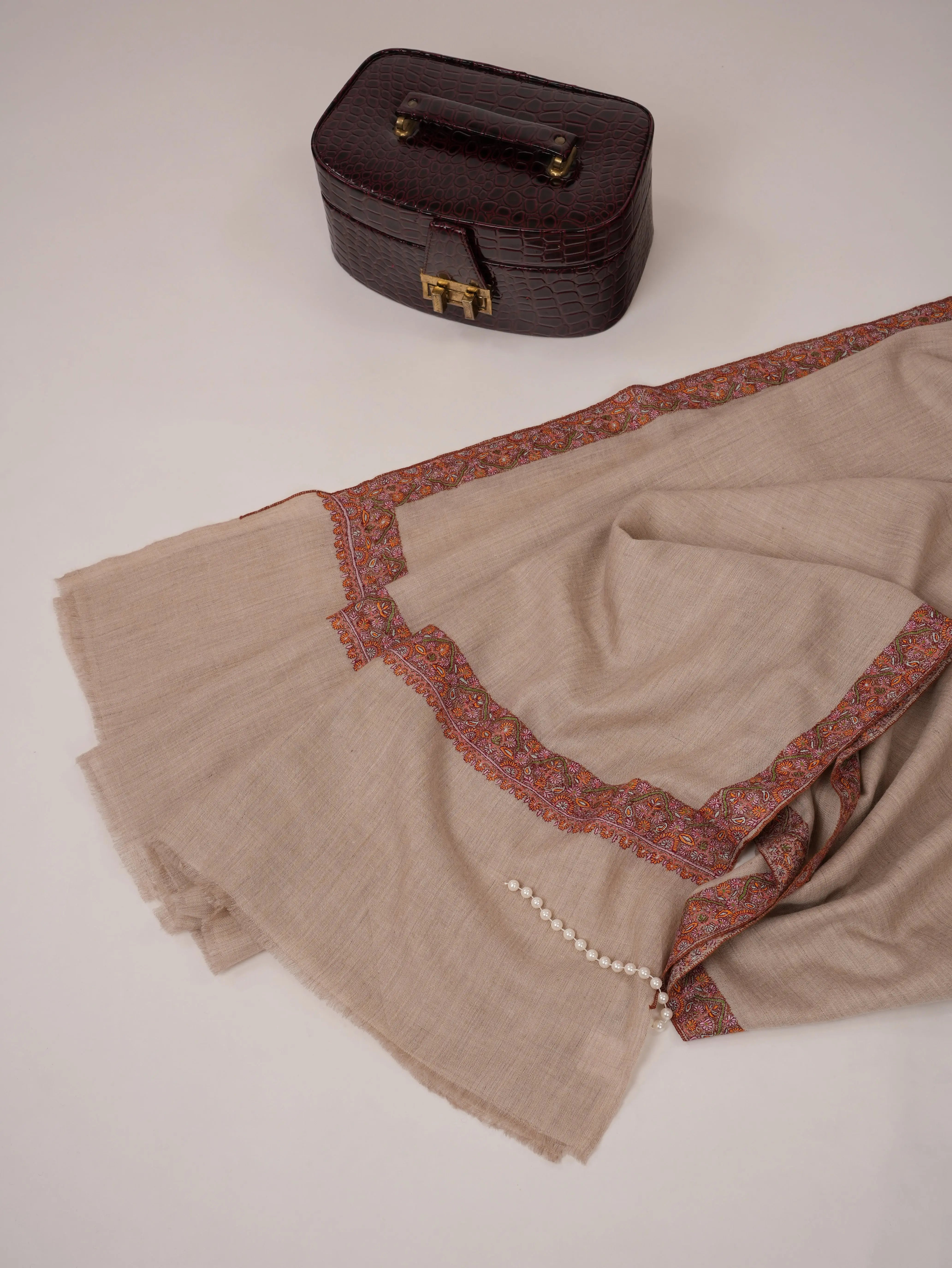Natural Grey Pure Pashmina Shawl with Classic Neemdaur Hand Embroidery Shahkaar.com