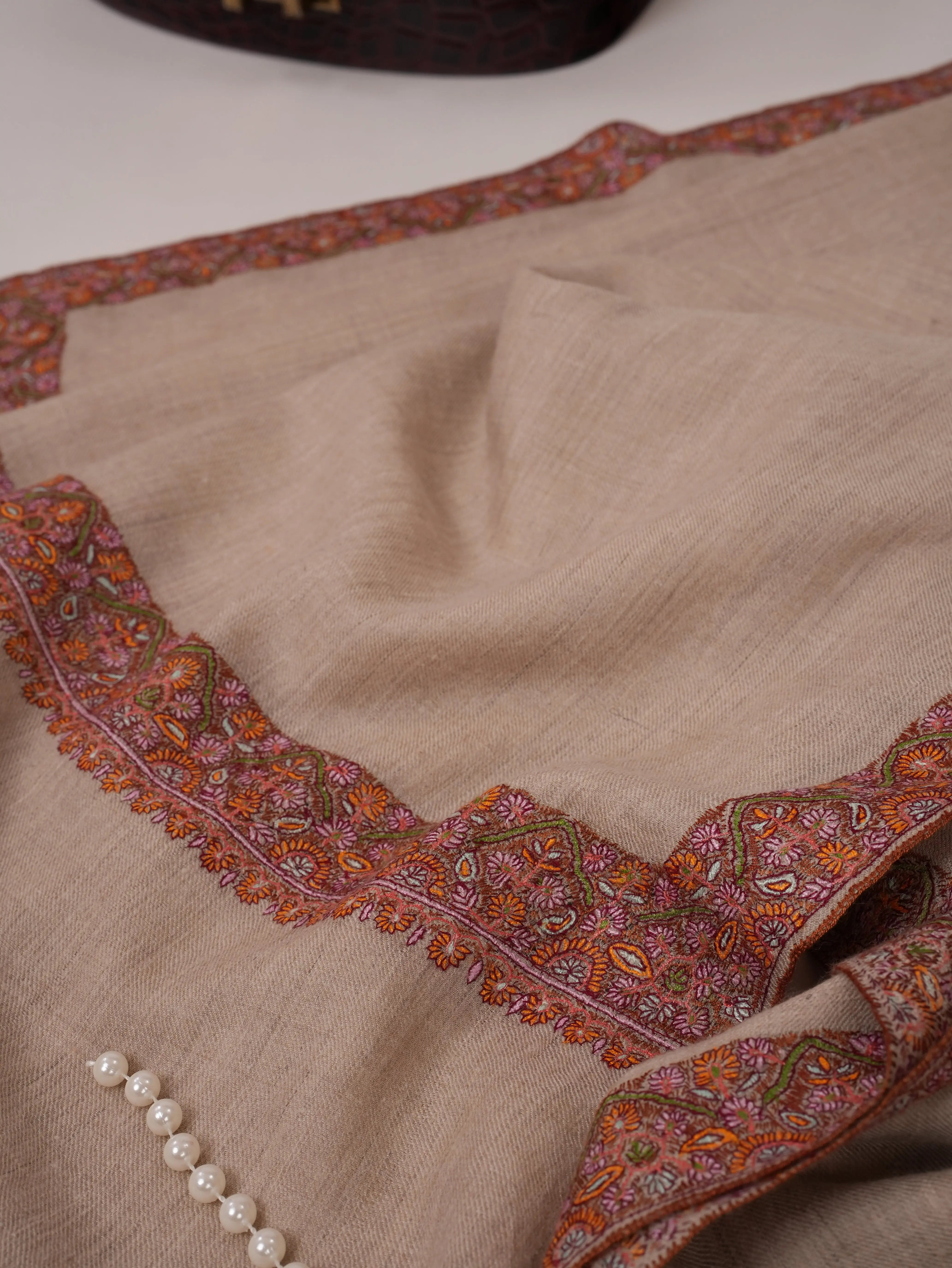 Natural Grey Pure Pashmina Shawl with Classic Neemdaur Hand Embroidery Shahkaar.com