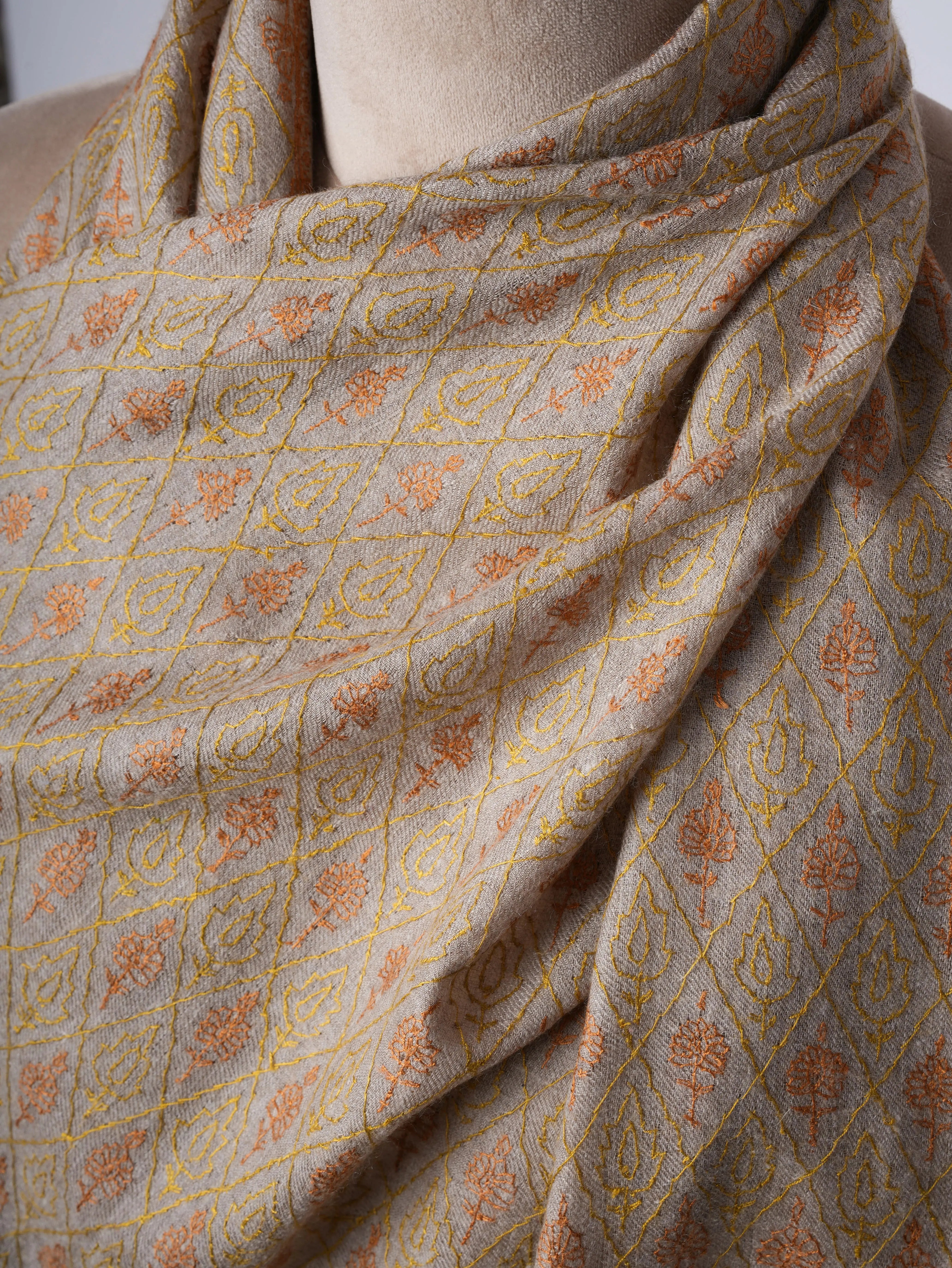 Natural Grey Baby Soft Cashmere Scarf with Jali Embroidery – Featherlight Shahkaar